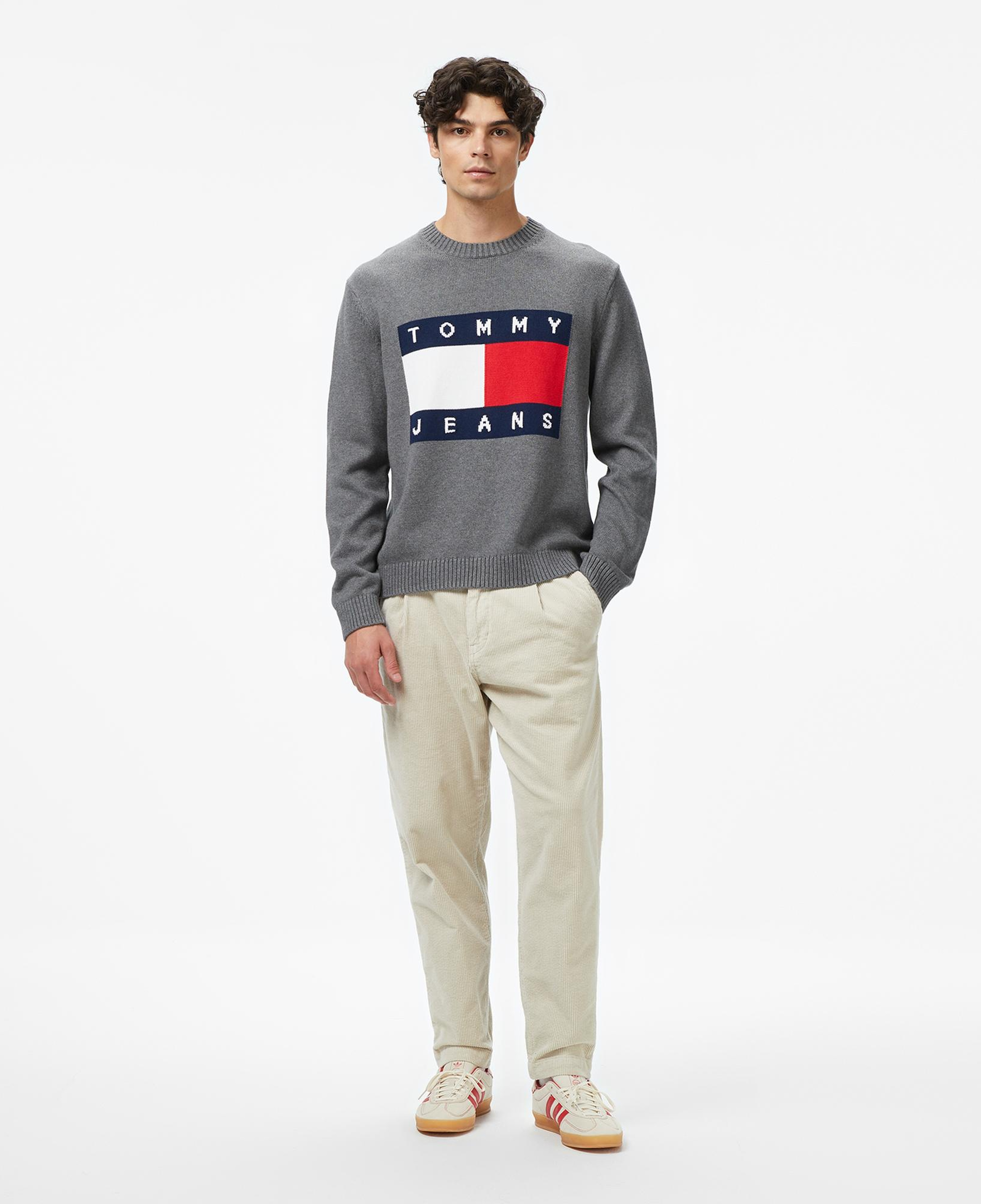 Tommy Jeans Regular Melange Flag Erkek Gri Kazak