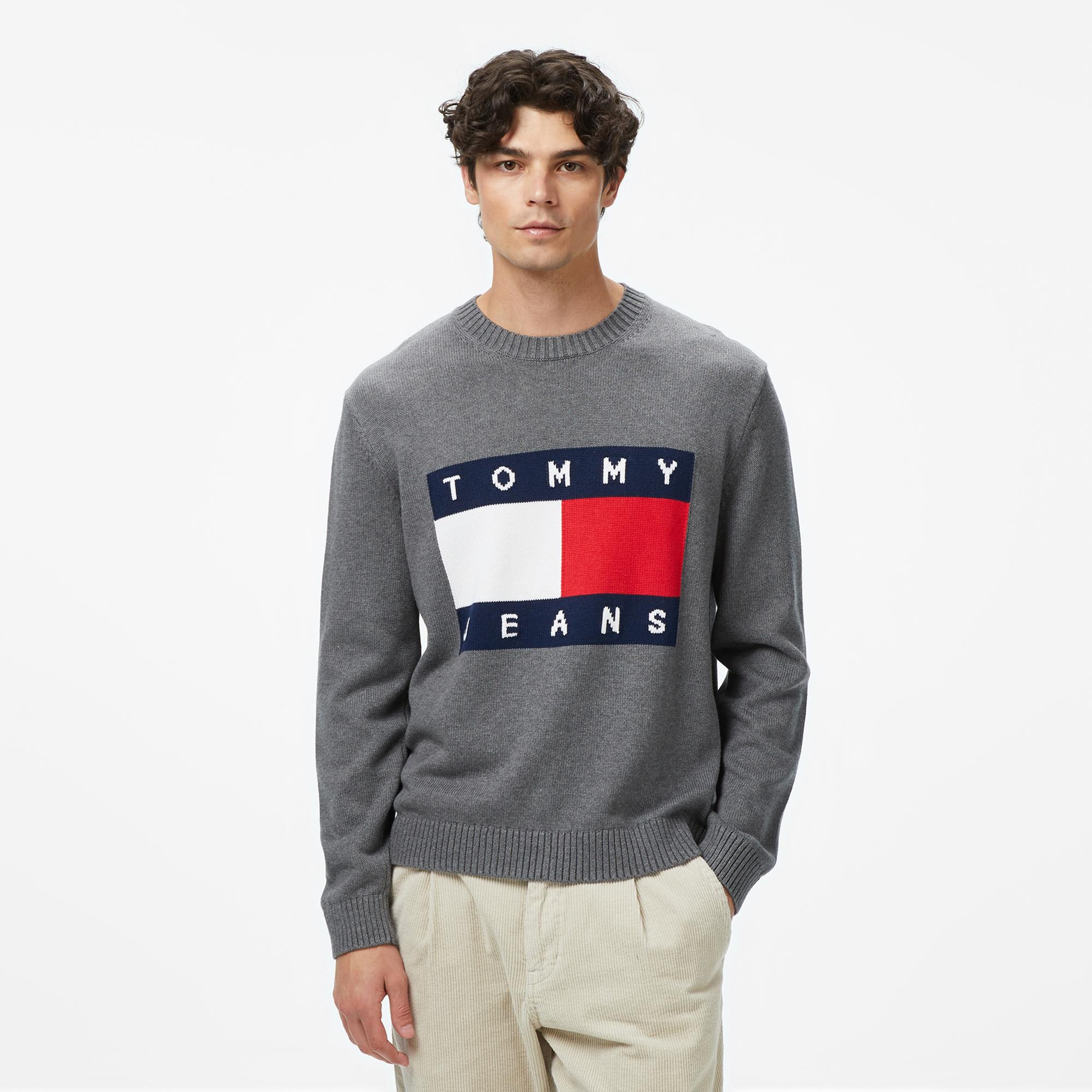 Tommy Jeans Regular Melange Flag Erkek Gri Kazak