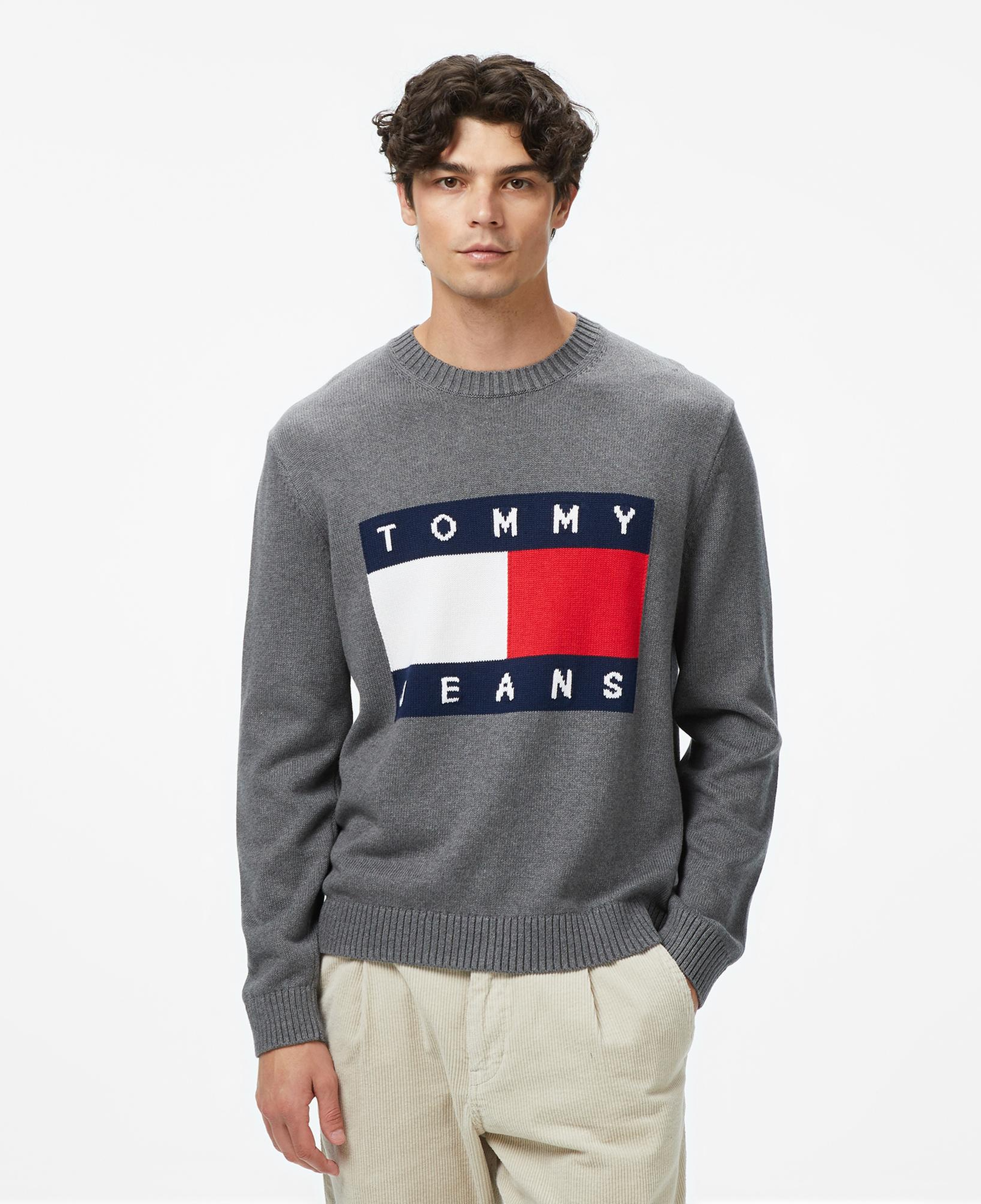 Tommy Jeans Regular Melange Flag Erkek Gri Kazak