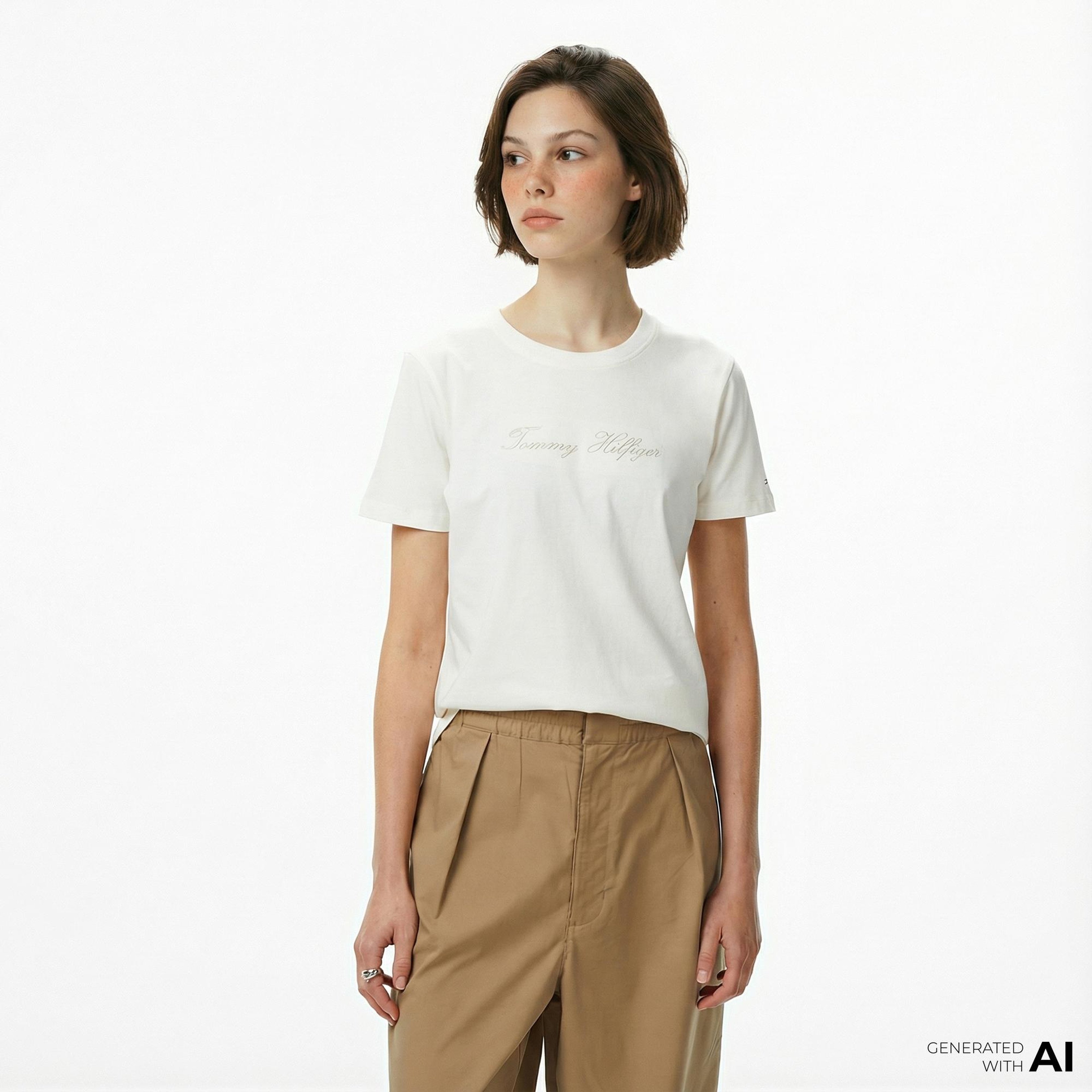 Tommy Hilfiger Lurex Script Regular Kadın Beyaz T-Shirt