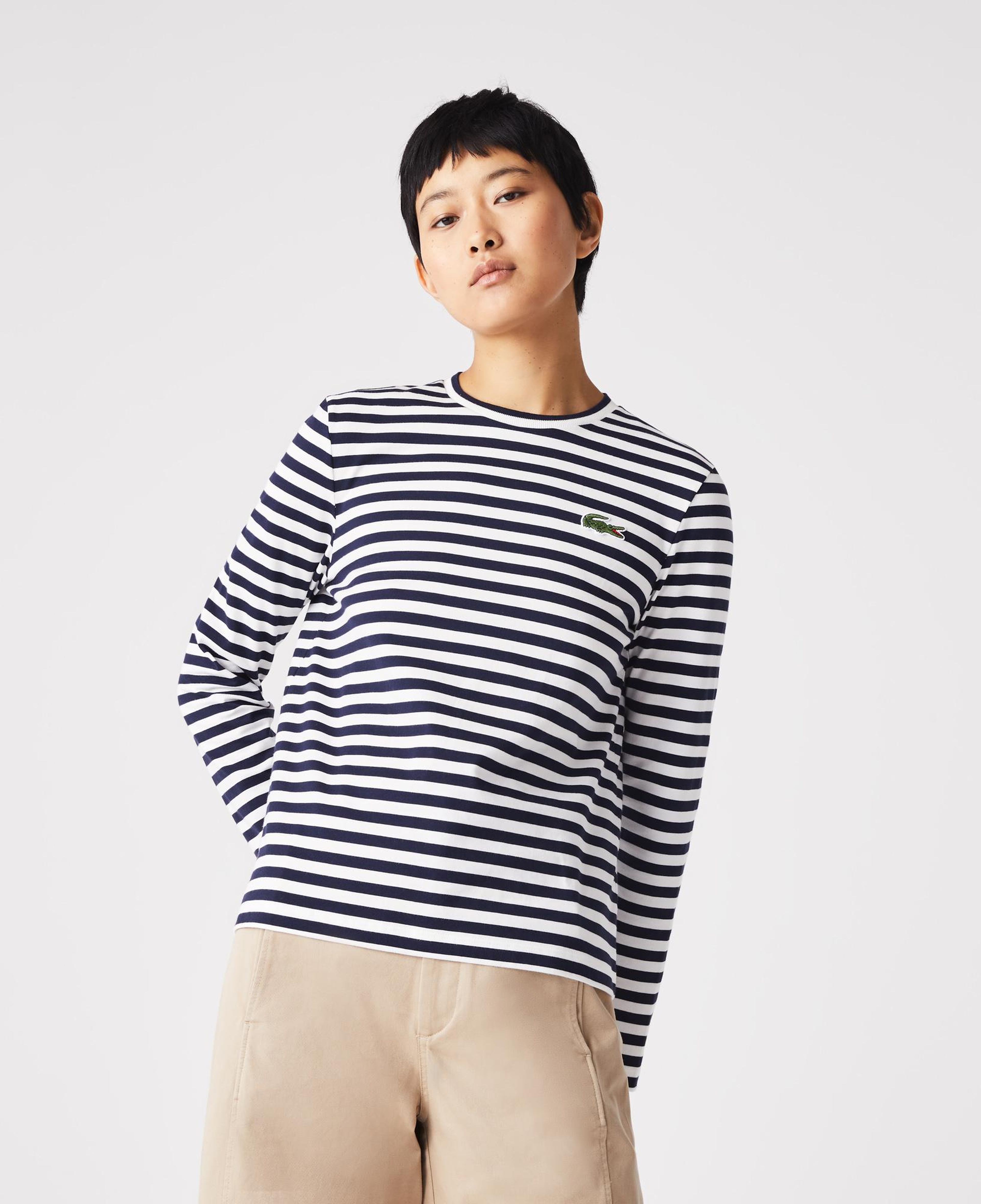 Lacoste Kadın Regular Fit Uzun Kollu Bisiklet Yaka Çizgili Lacivert T-Shirt