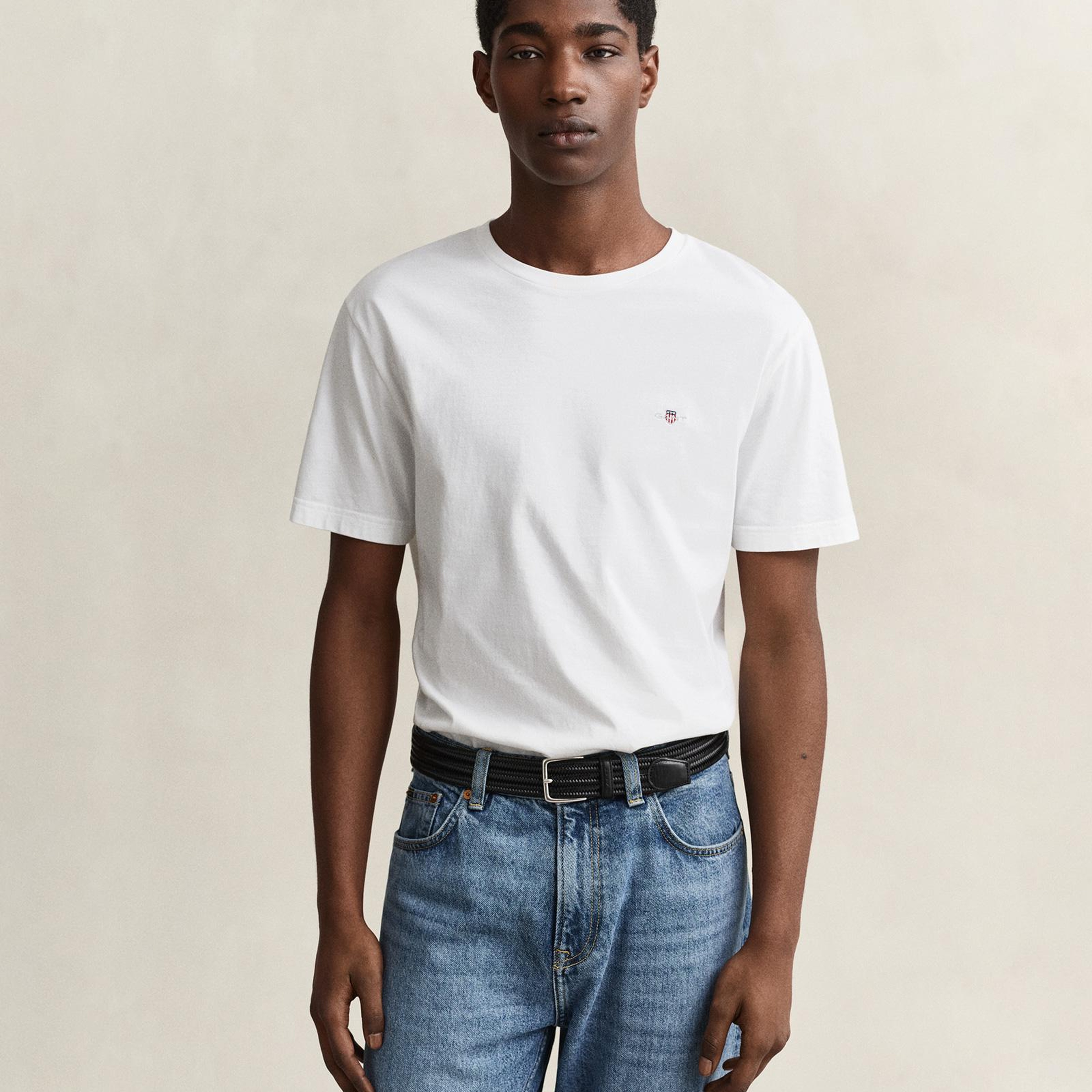 GANT Erkek Beyaz Bisiklet Yaka Regular Fit Logolu T-Shirt