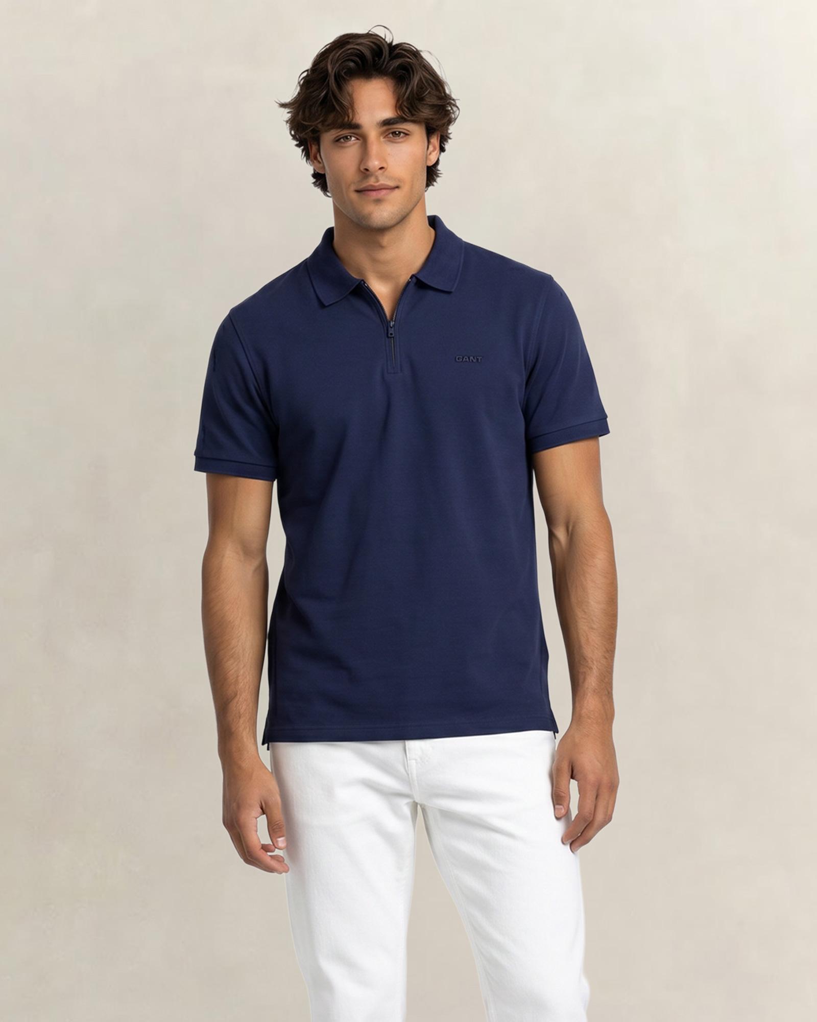 GANT Erkek Lacivert Regular Fit Yarım Fermuarlı Polo Yaka T-Shirt