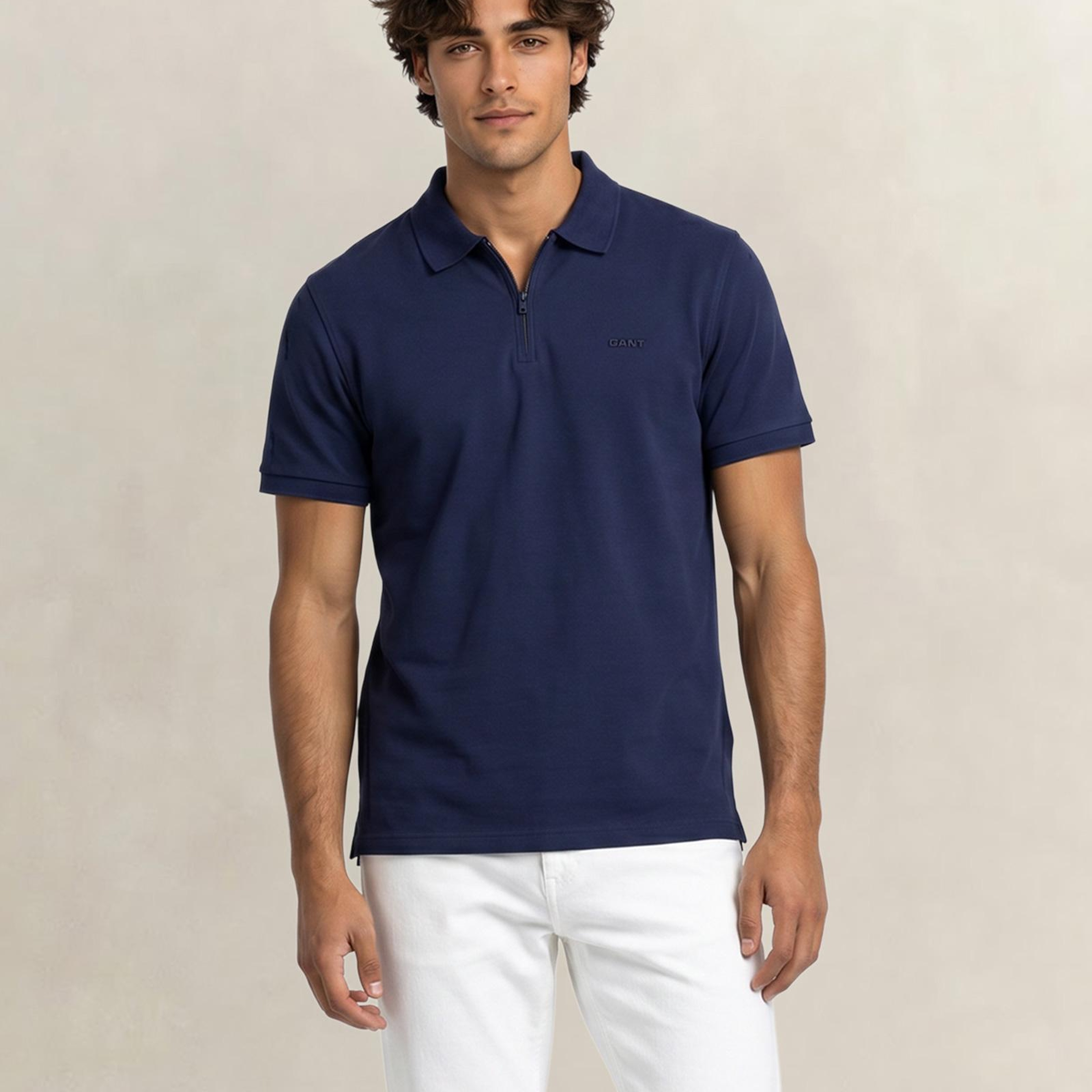 GANT Erkek Lacivert Regular Fit Yarım Fermuarlı Polo Yaka T-Shirt