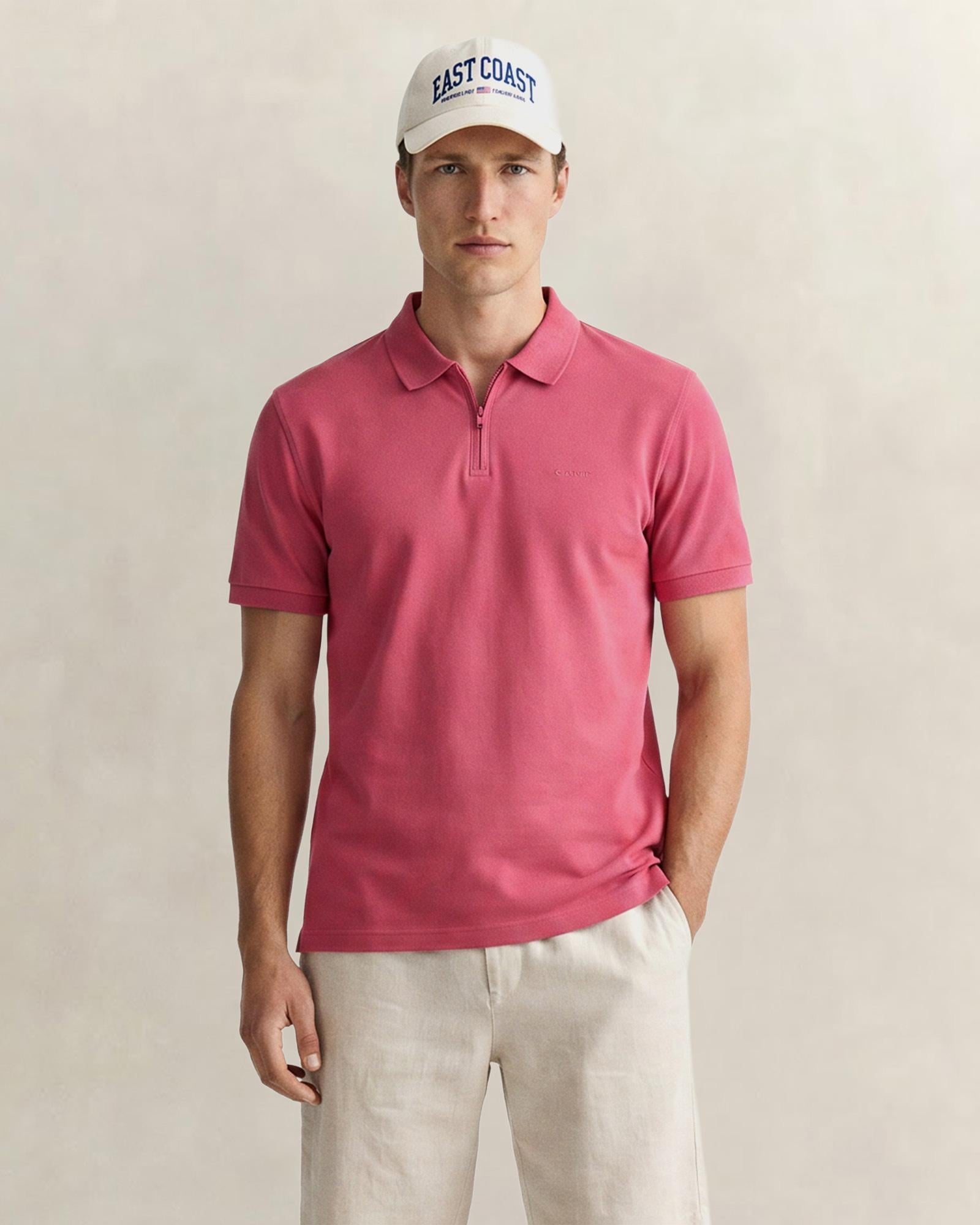 GANT Erkek Kırmızı Regular Fit Yarım Fermuarlı Polo Yaka T-Shirt