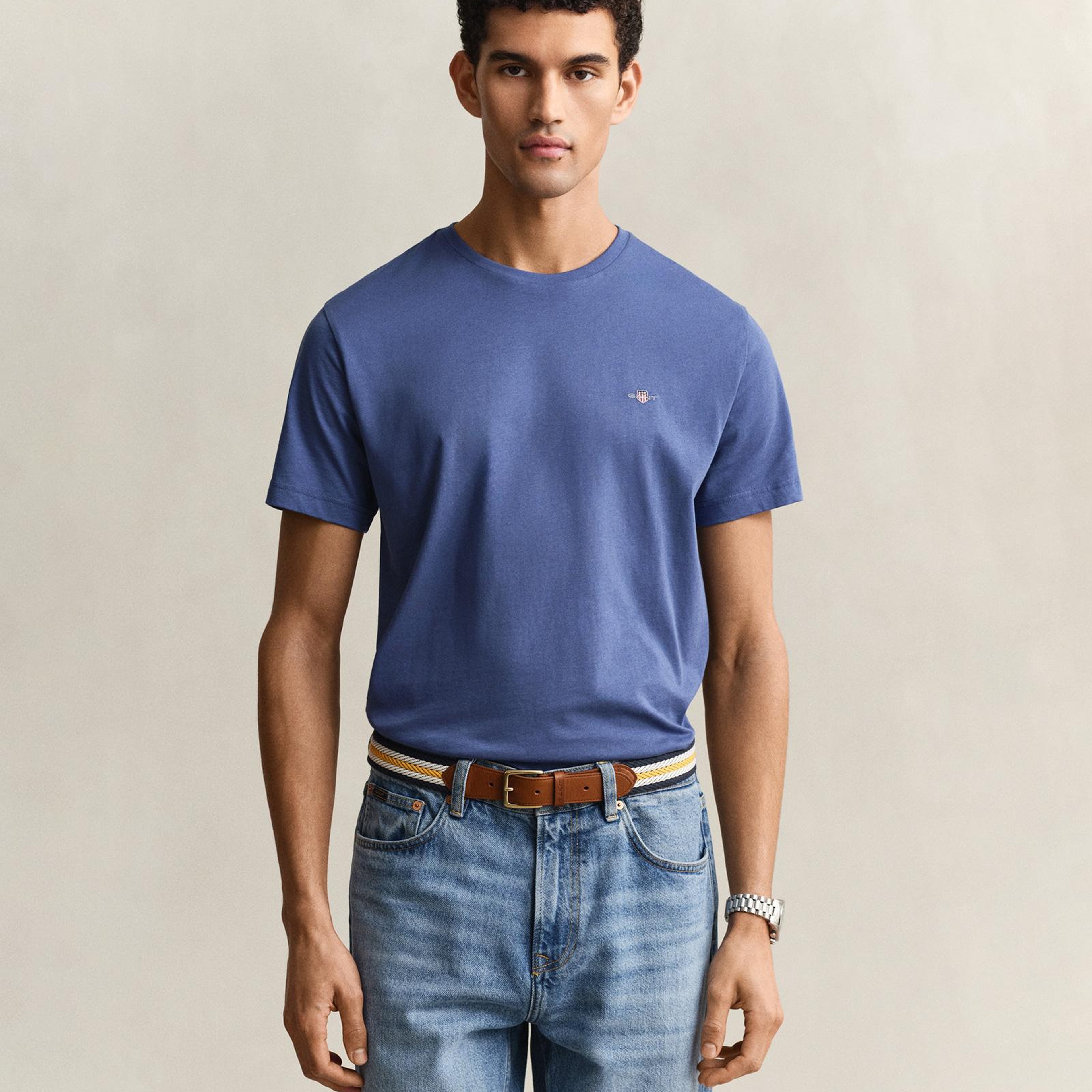 GANT Erkek Mavi Bisiklet Yaka Regular Fit Logolu T-Shirt