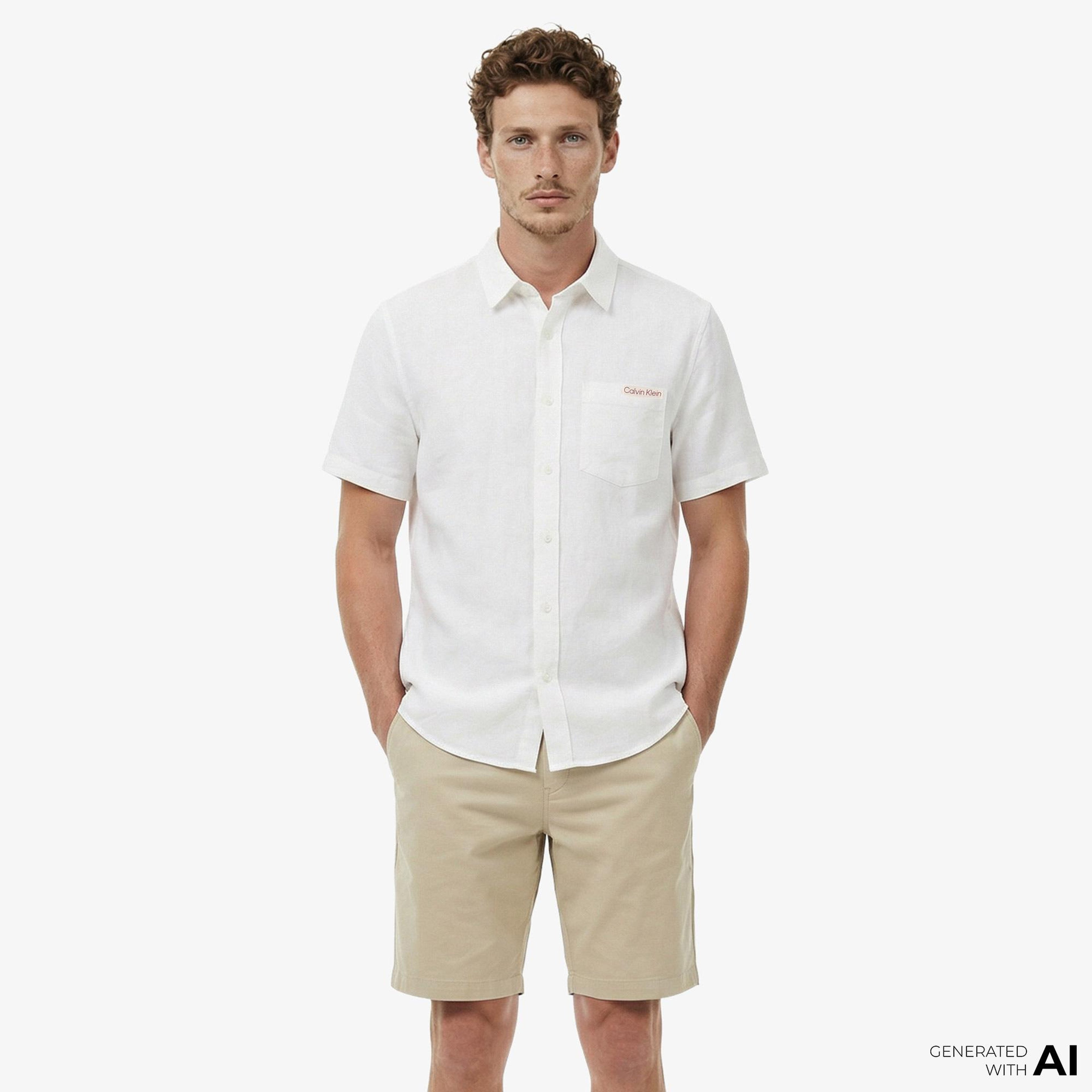 Calvin Klein Solid Causal Classic Erkek Beyaz Keten Gömlek