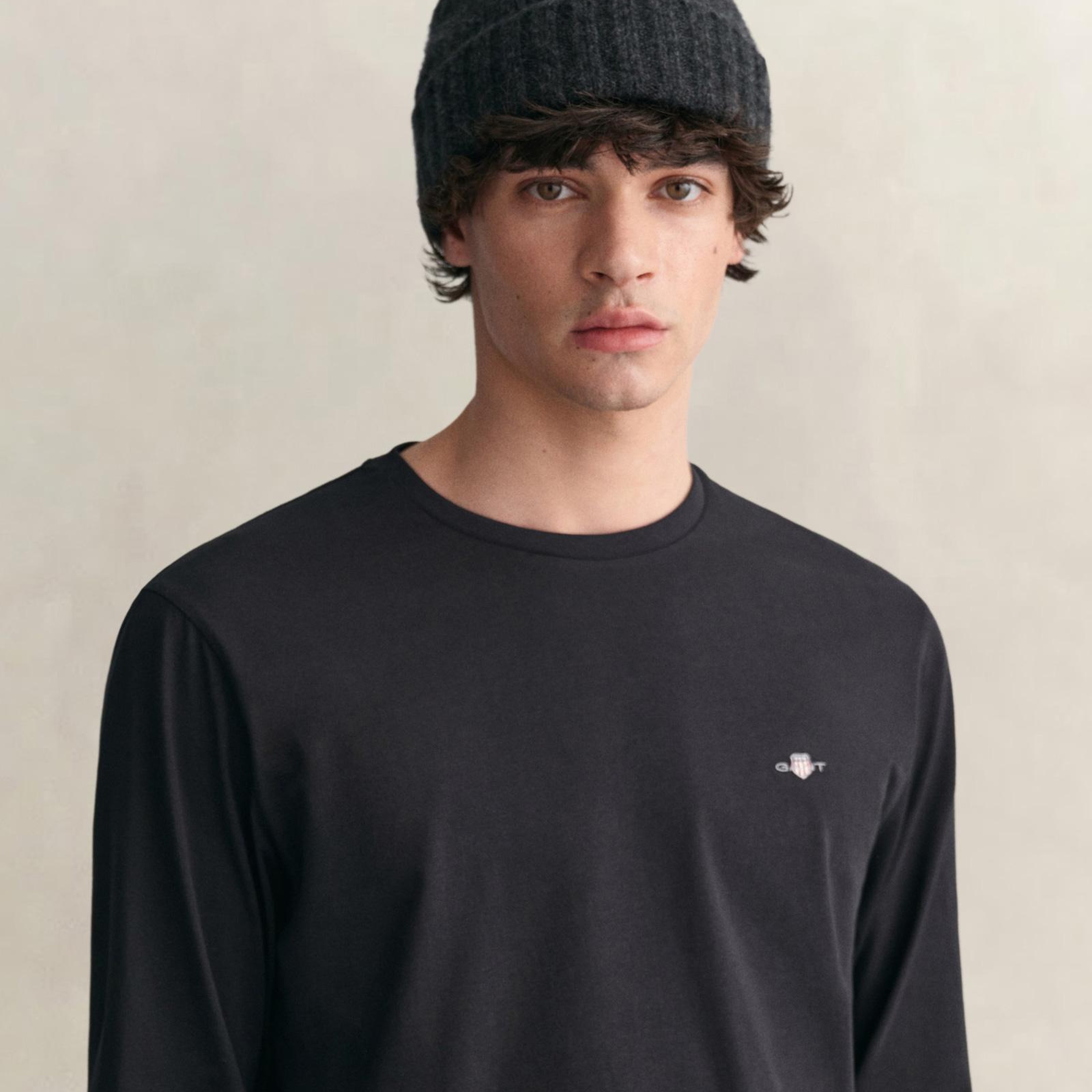 GANT Erkek Siyah Regular Fit Bisiklet Yaka Uzun Kollu T-Shirt
