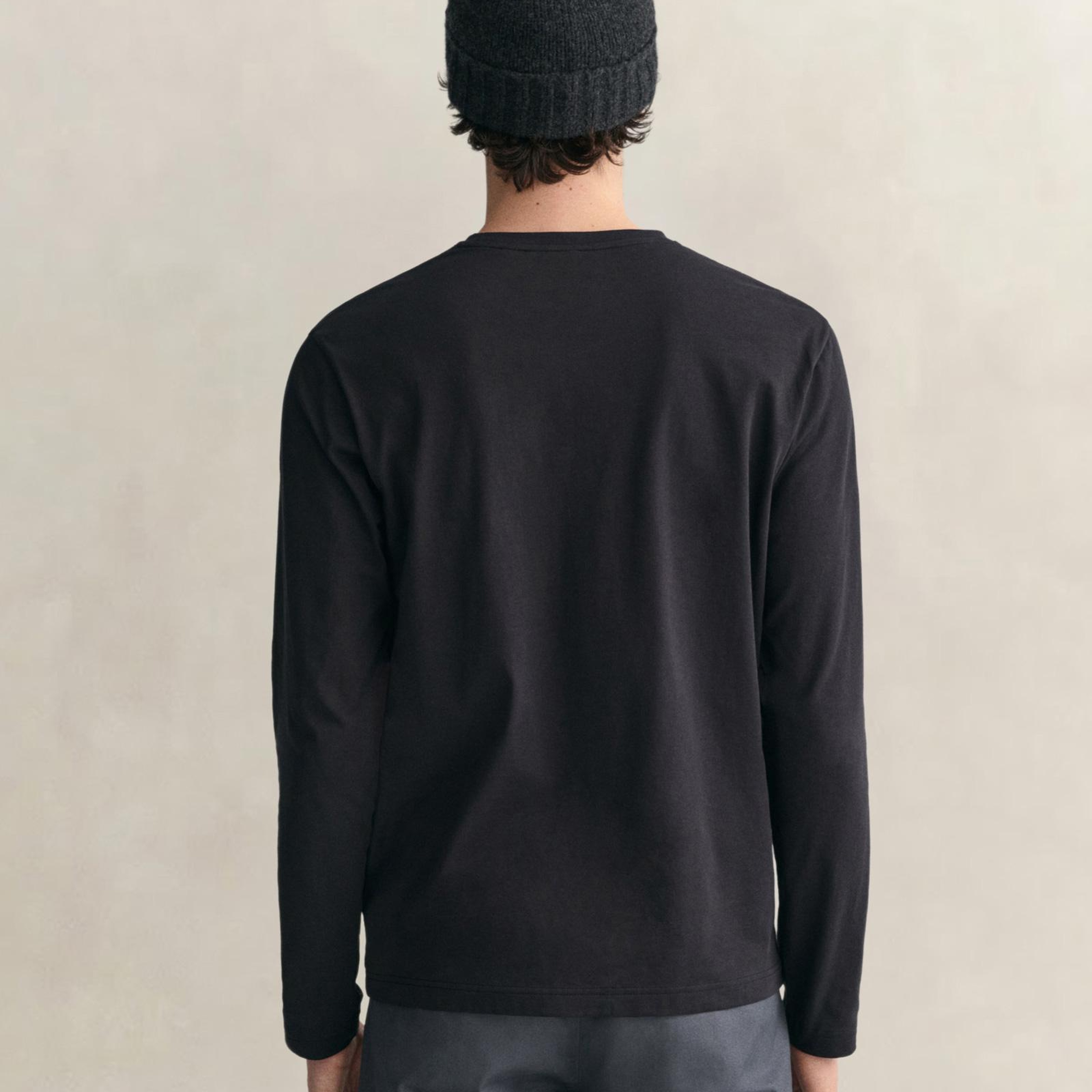 GANT Erkek Siyah Regular Fit Bisiklet Yaka Uzun Kollu T-Shirt