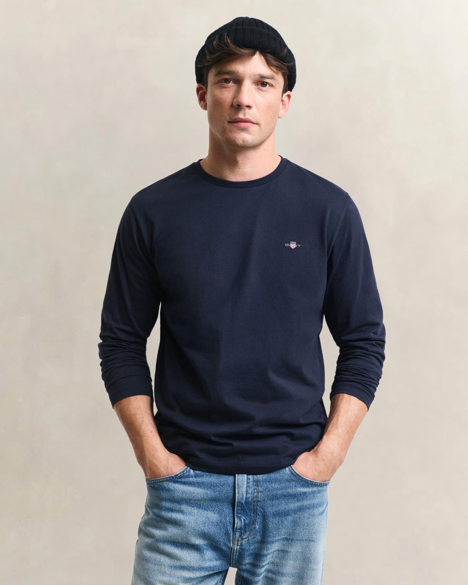 GANT Erkek Lacivert Regular Fit Bisiklet Yaka Uzun Kollu T-Shirt