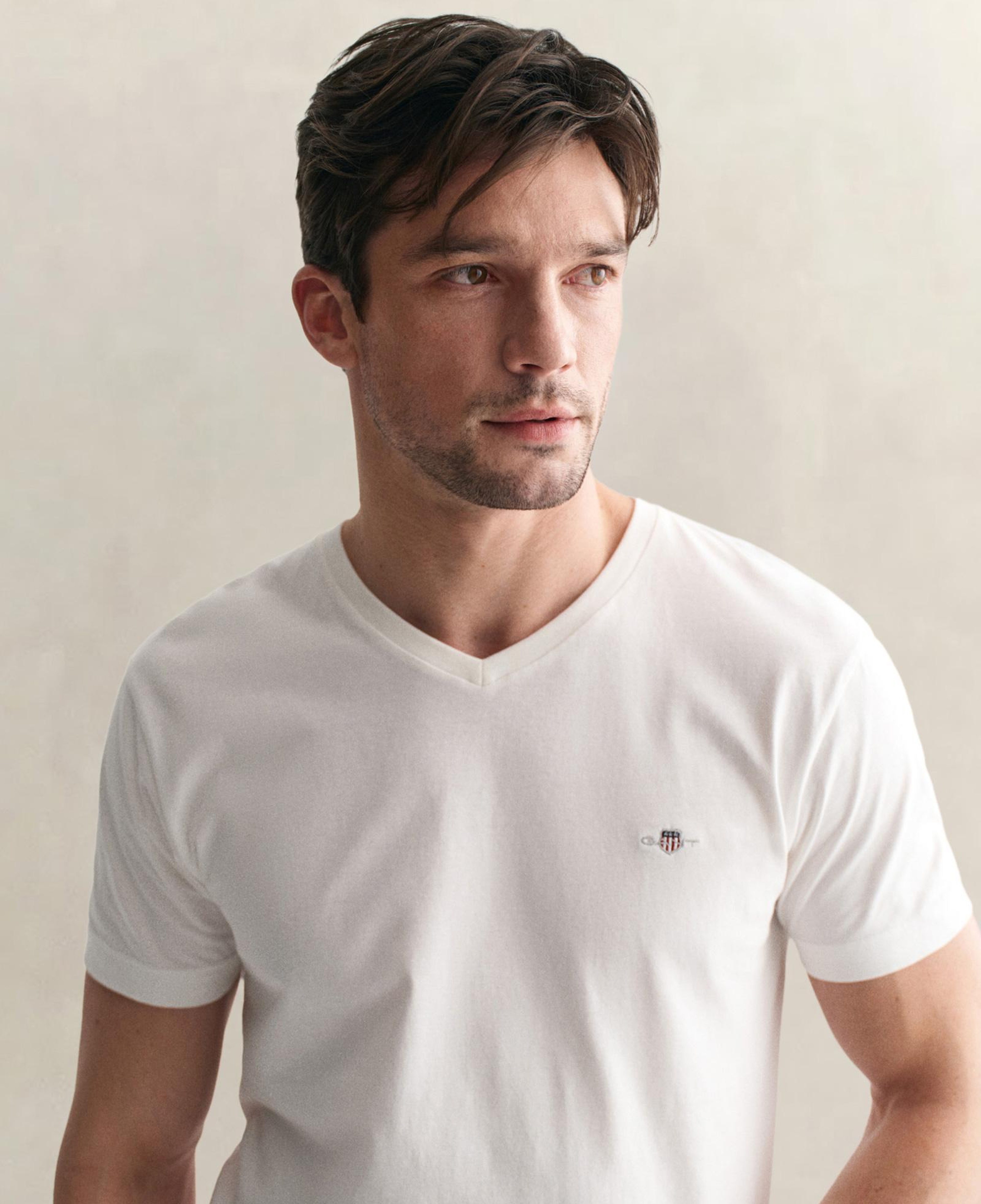 GANT Erkek Beyaz Slim Fit V Yaka T-Shirt