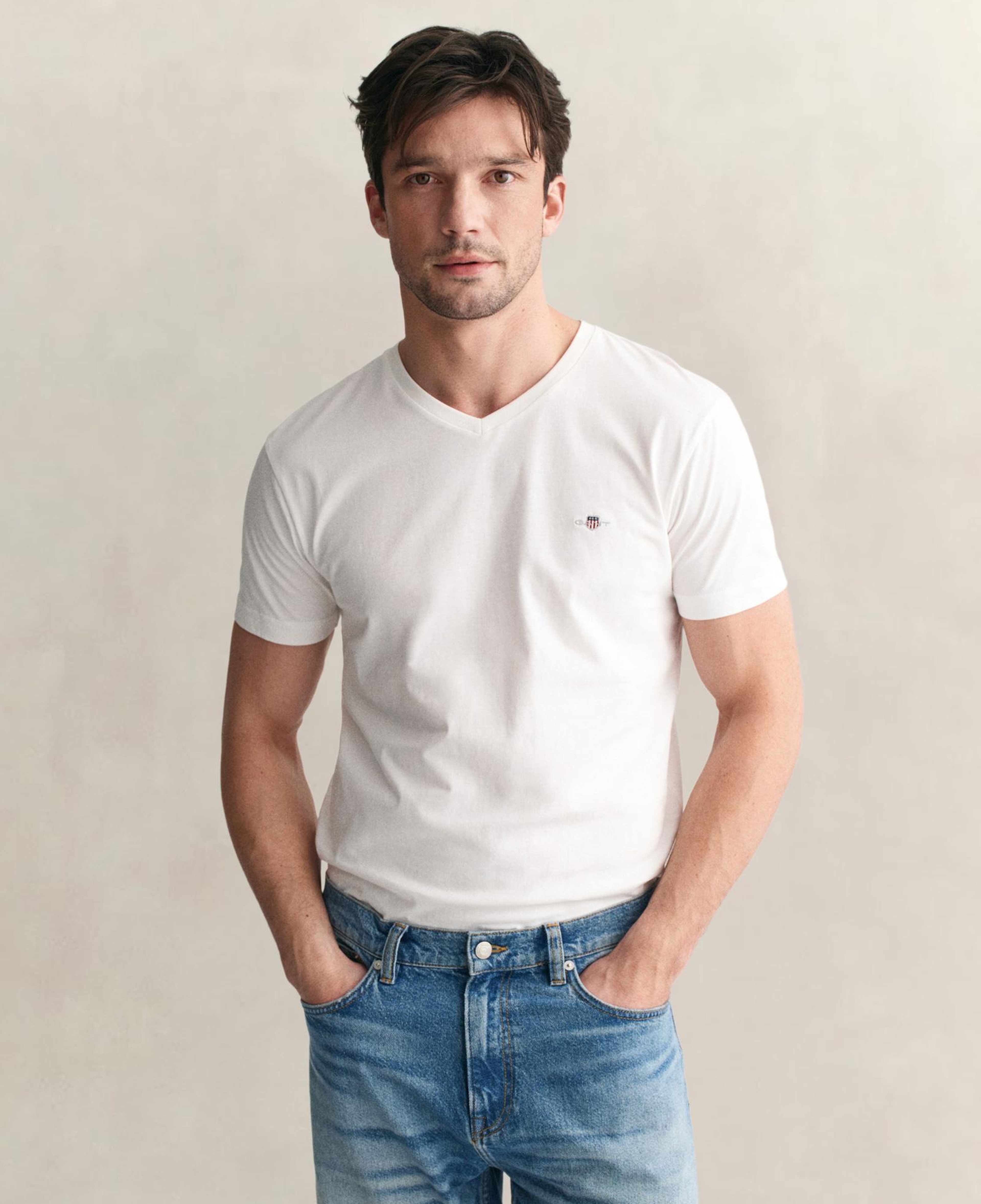 GANT Erkek Beyaz Slim Fit V Yaka T-Shirt