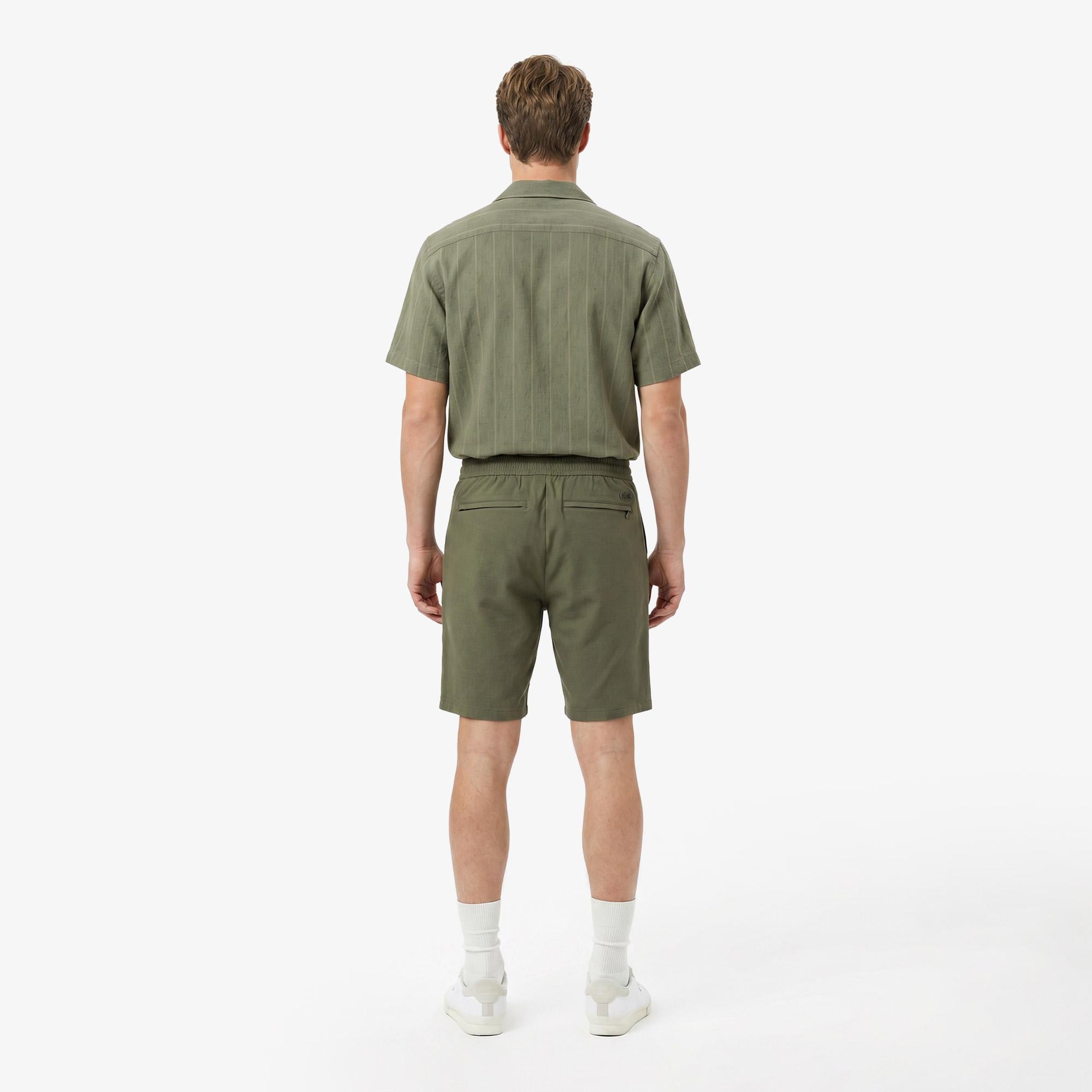 Erkek Tapered Fit Keten Haki Bermuda Şort