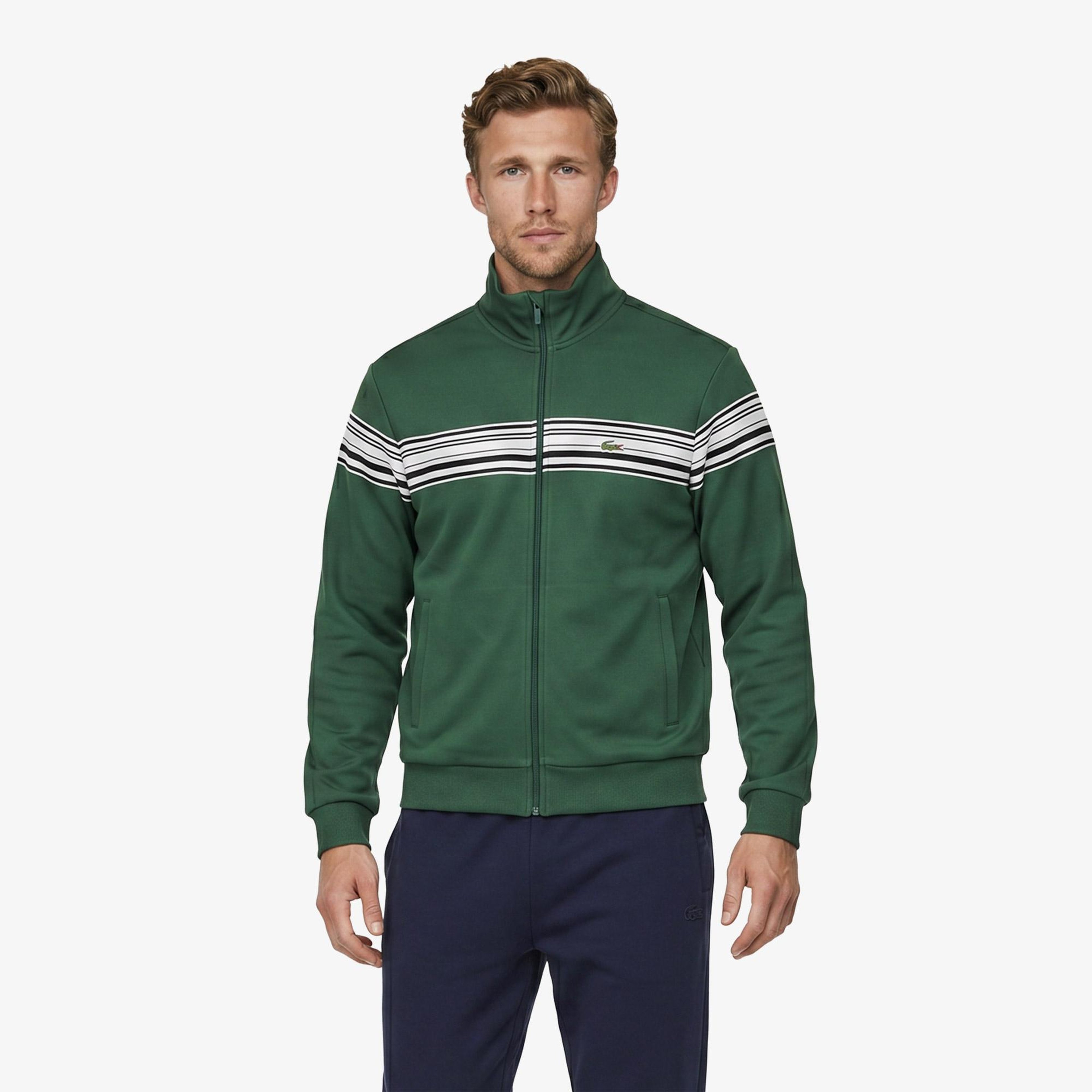 Erkek Regular Fit Fermuarlı Renk Bloklu Yeşil Sweatshirt