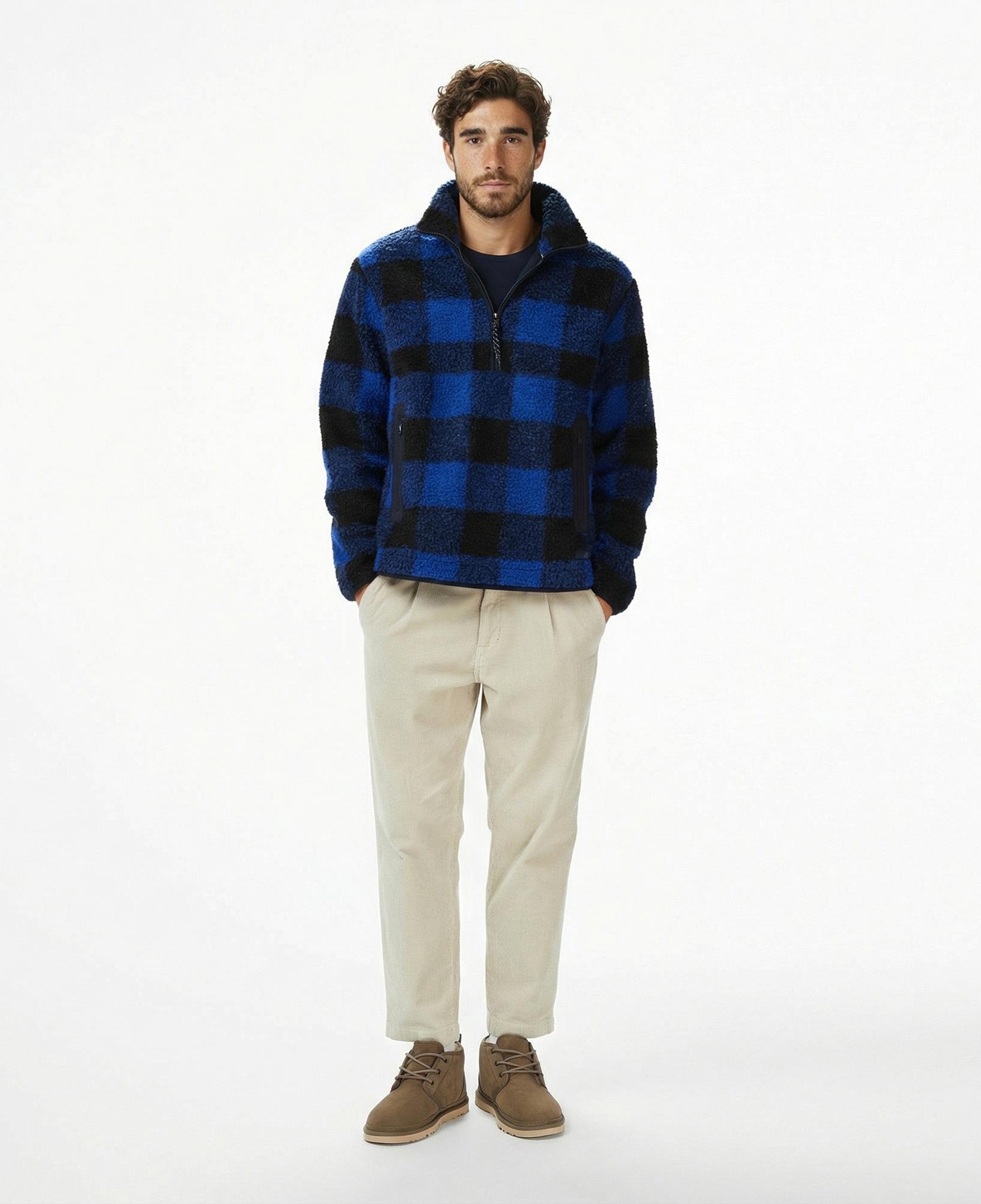 Tommy Hilfiger Teddy Fleece Check Pull Over Erkek Mavi Sweatshirt