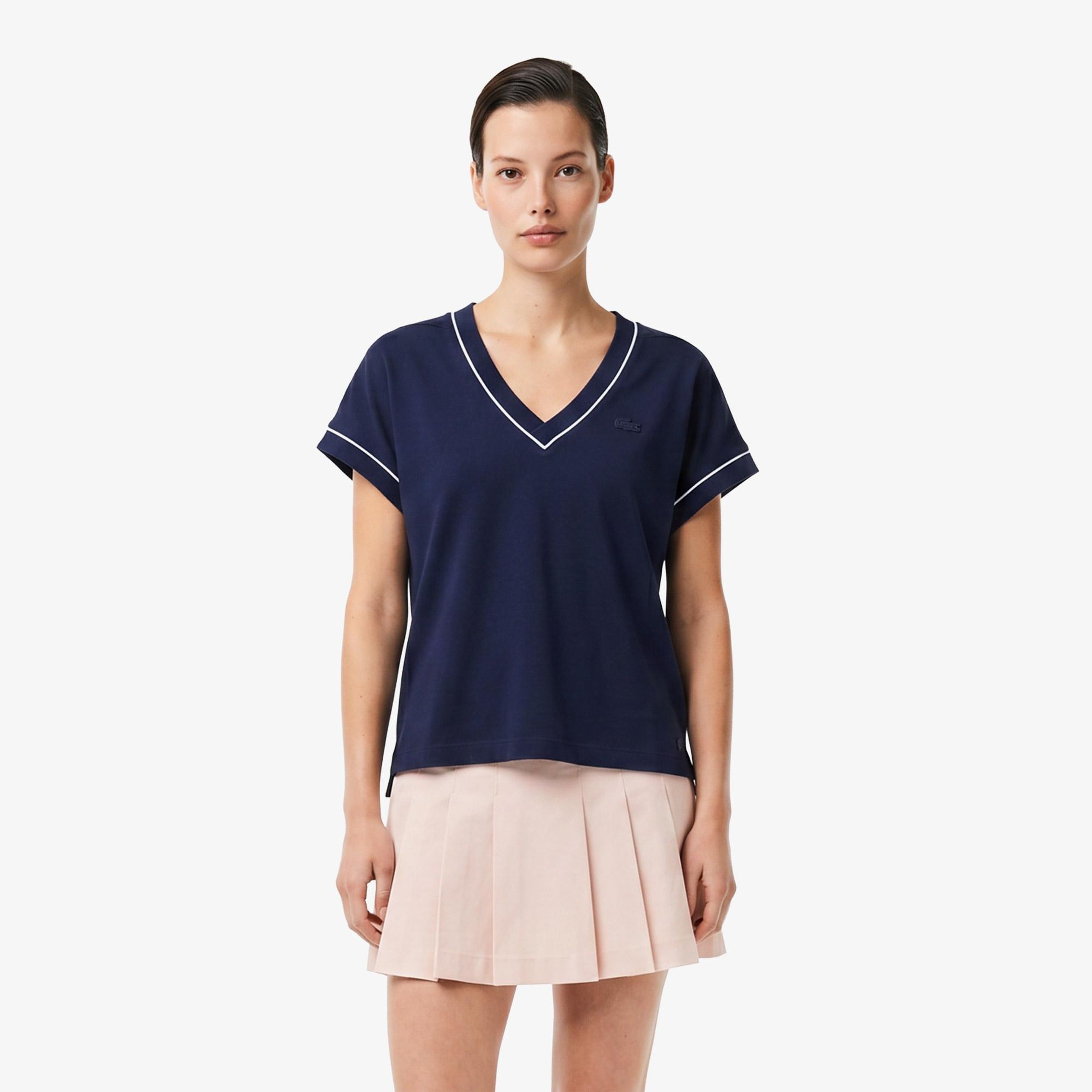 Kadın Loose Fit V Yaka Lacivert T-Shirt