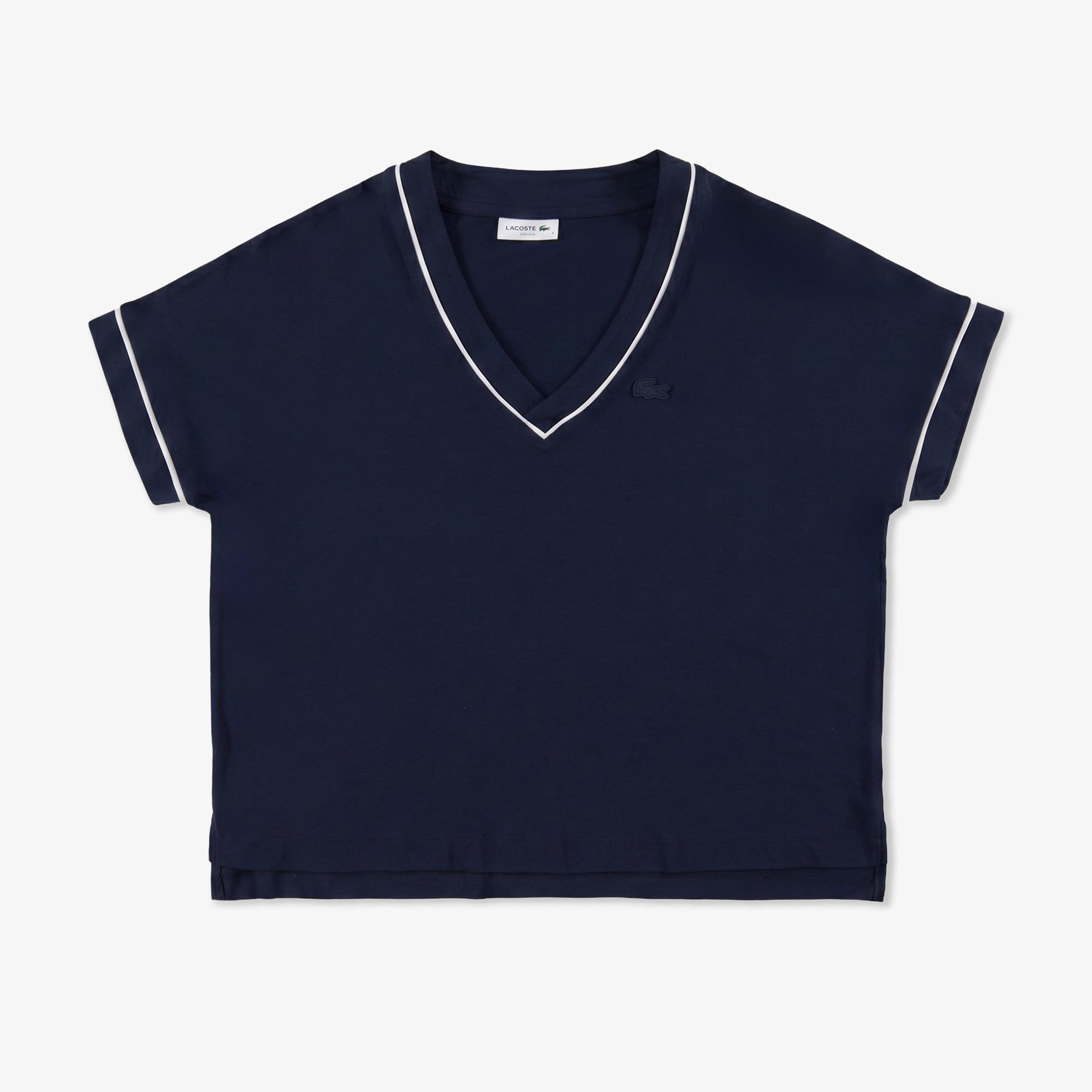 Kadın Loose Fit V Yaka Lacivert T-Shirt