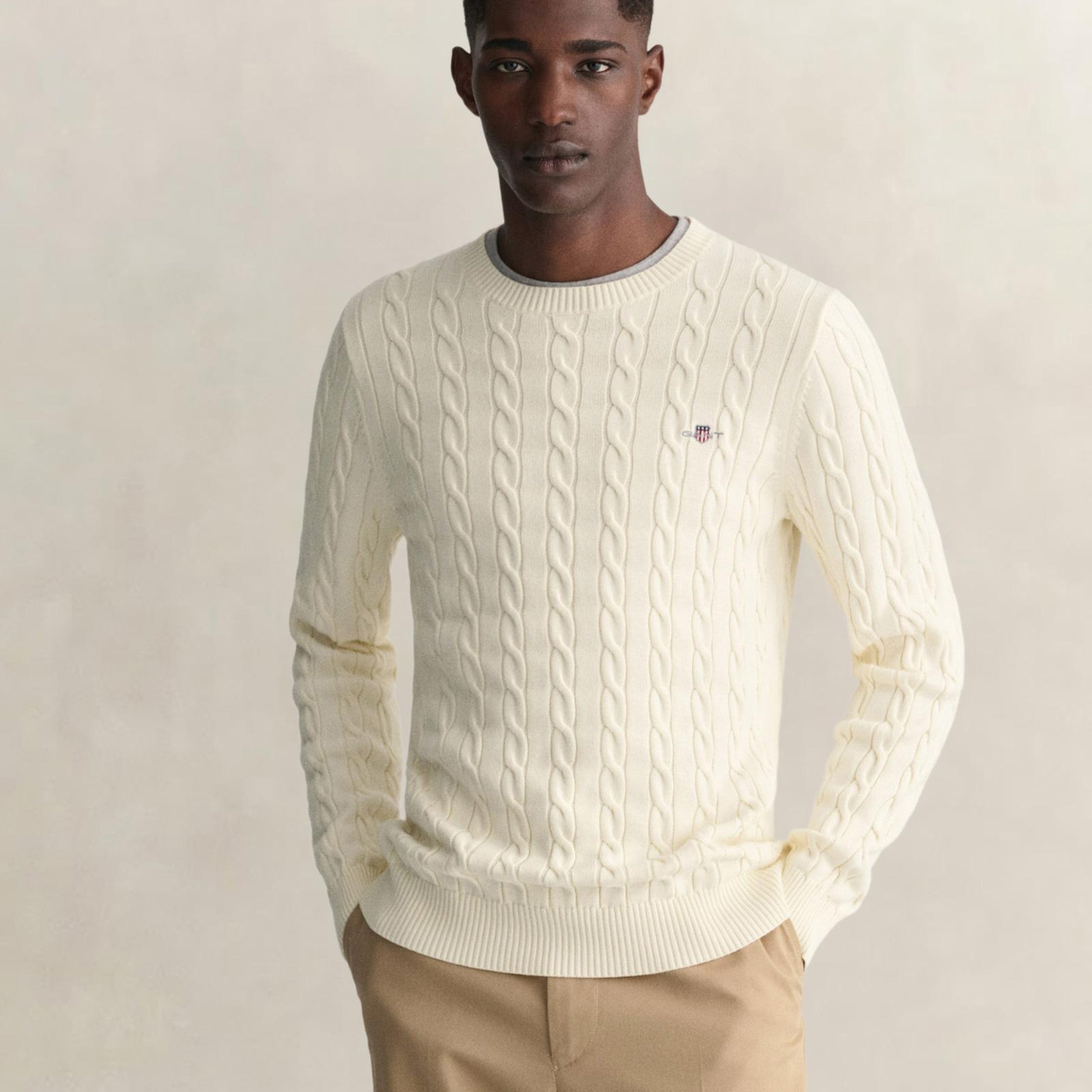 GANT Erkek Krem Regular Fit Bisiklet Yaka Örgü Kazak