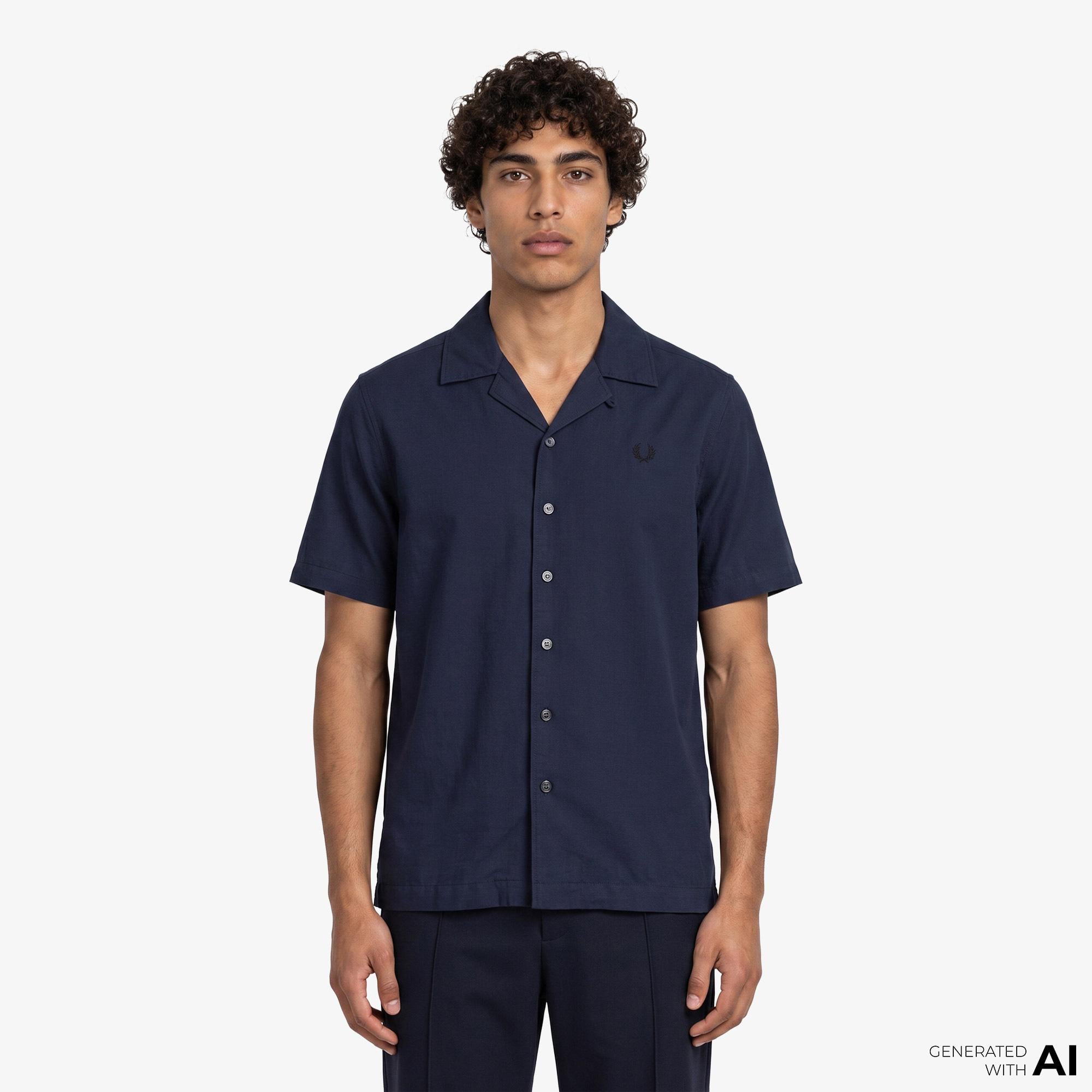 Fred Perry Keten Karışımlı Revere Collar Erkek Koyu Mavi Gömlek
