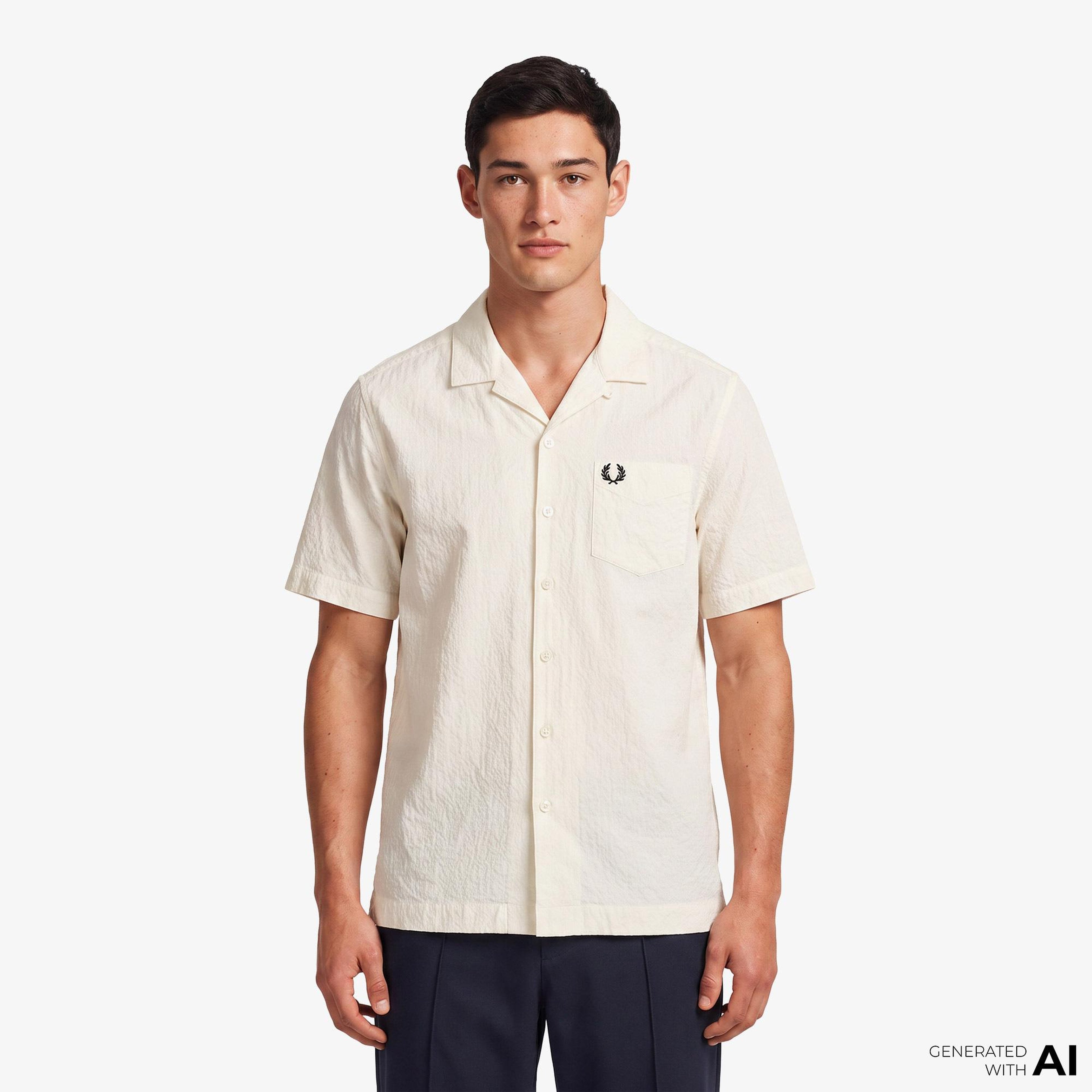 Fred Perry Seersucker Revere Collar Erkek Krem Gömlek