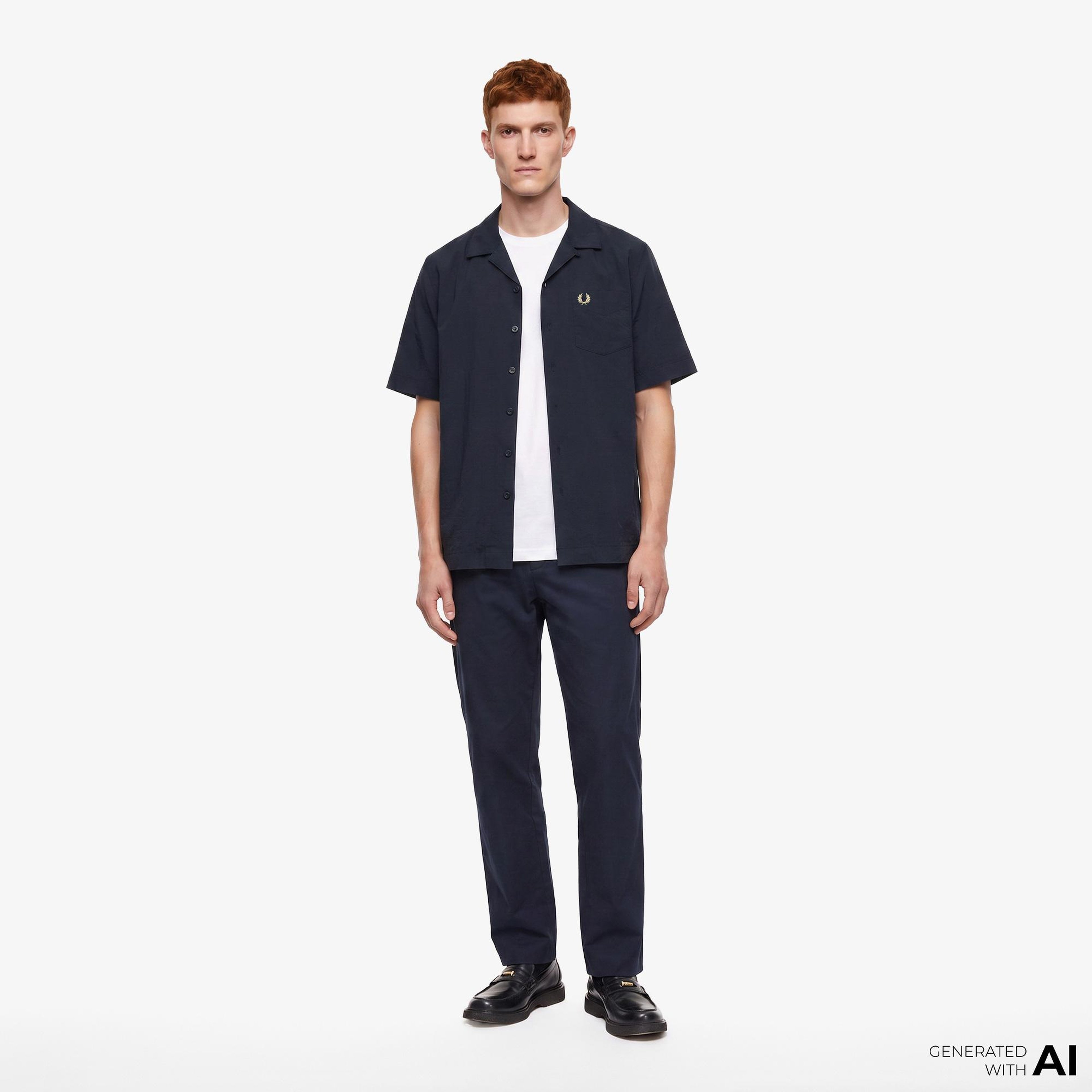 Fred Perry Seersucker Revere Collar Erkek Lacivert Gömlek