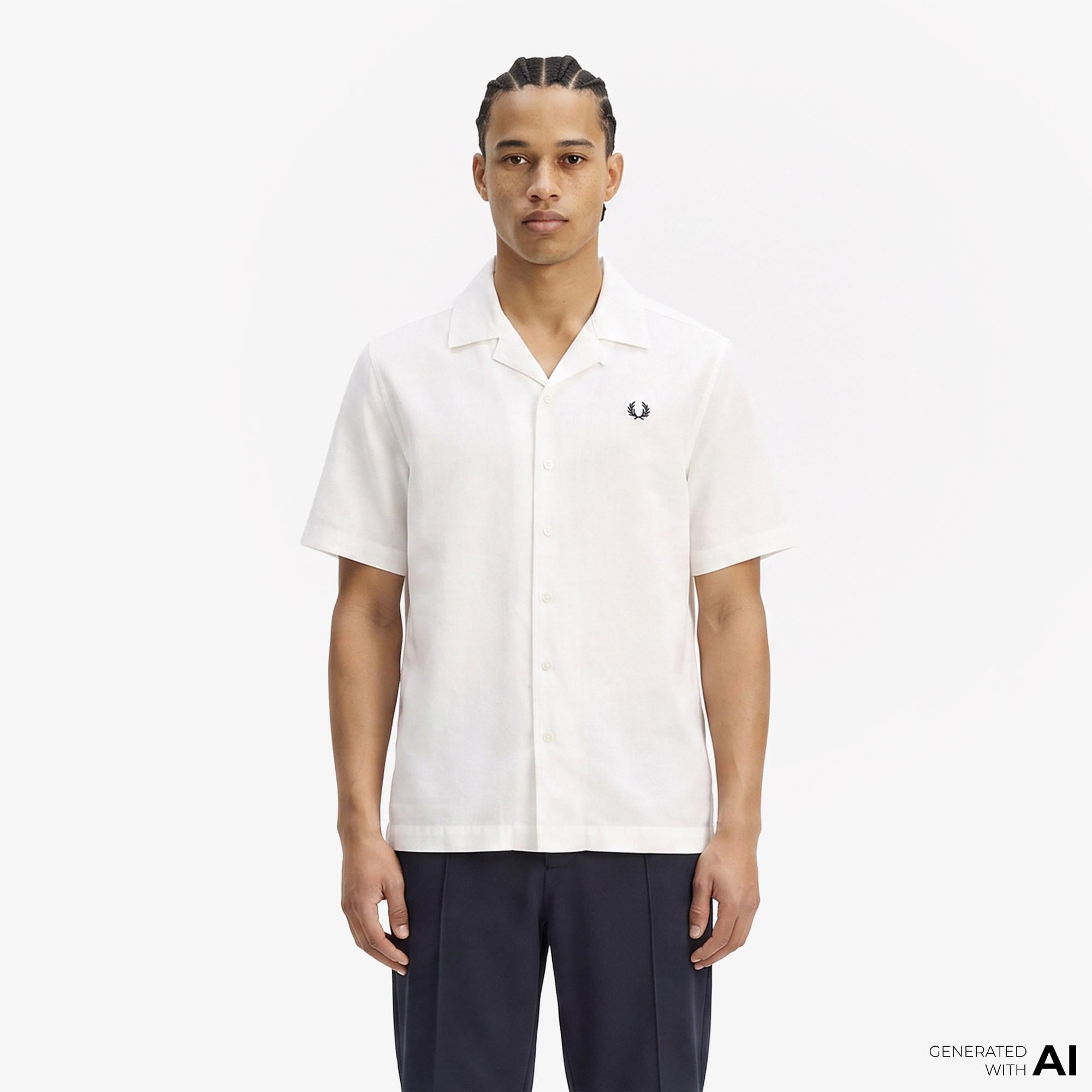 Fred Perry Keten Karışımlı Revere Collar Erkek Beyaz Gömlek