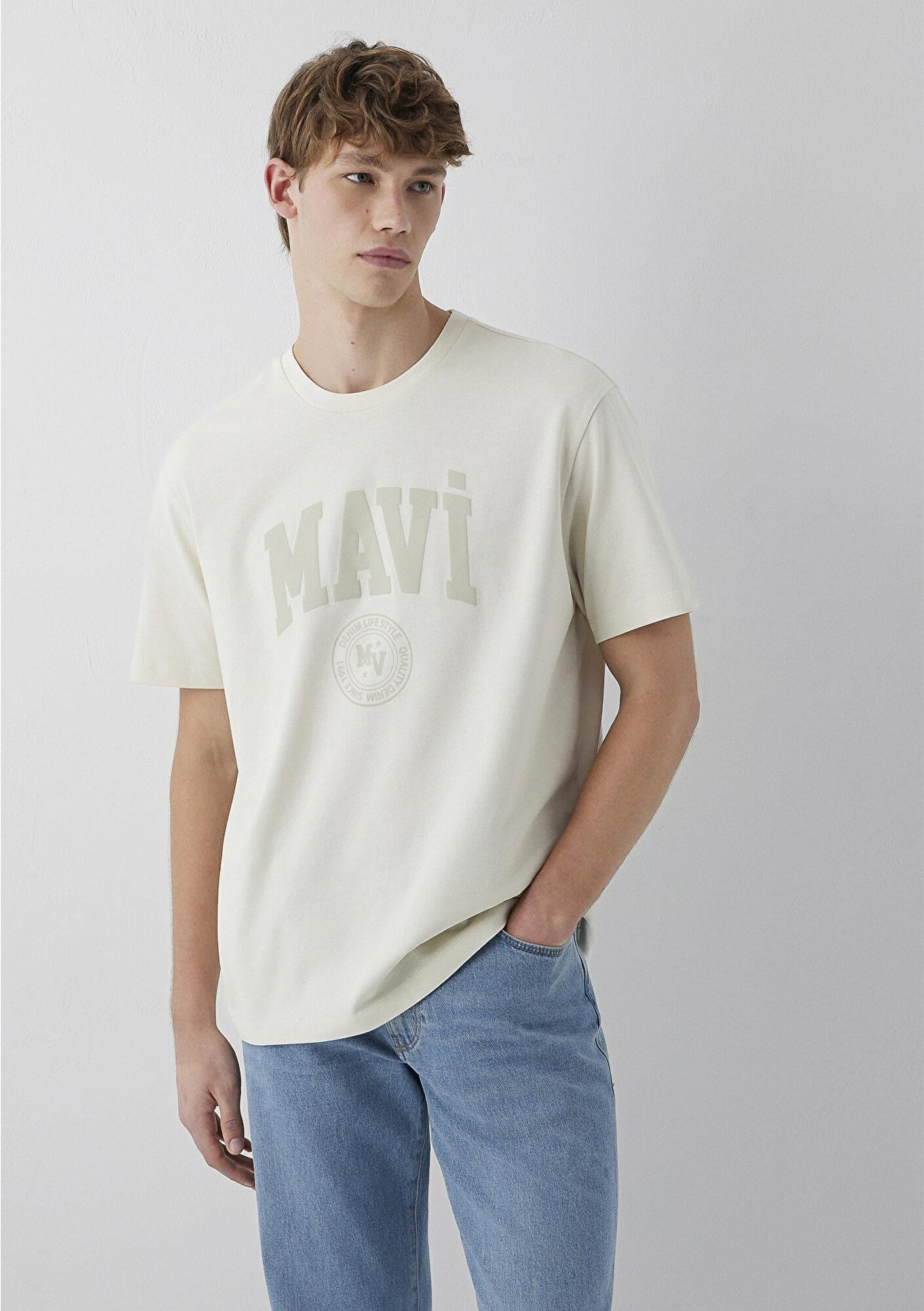 Mavi Mavi Logo Baskılı Bej Tişört Loose Fit / Bol Rahat Kesim 0612897-70134