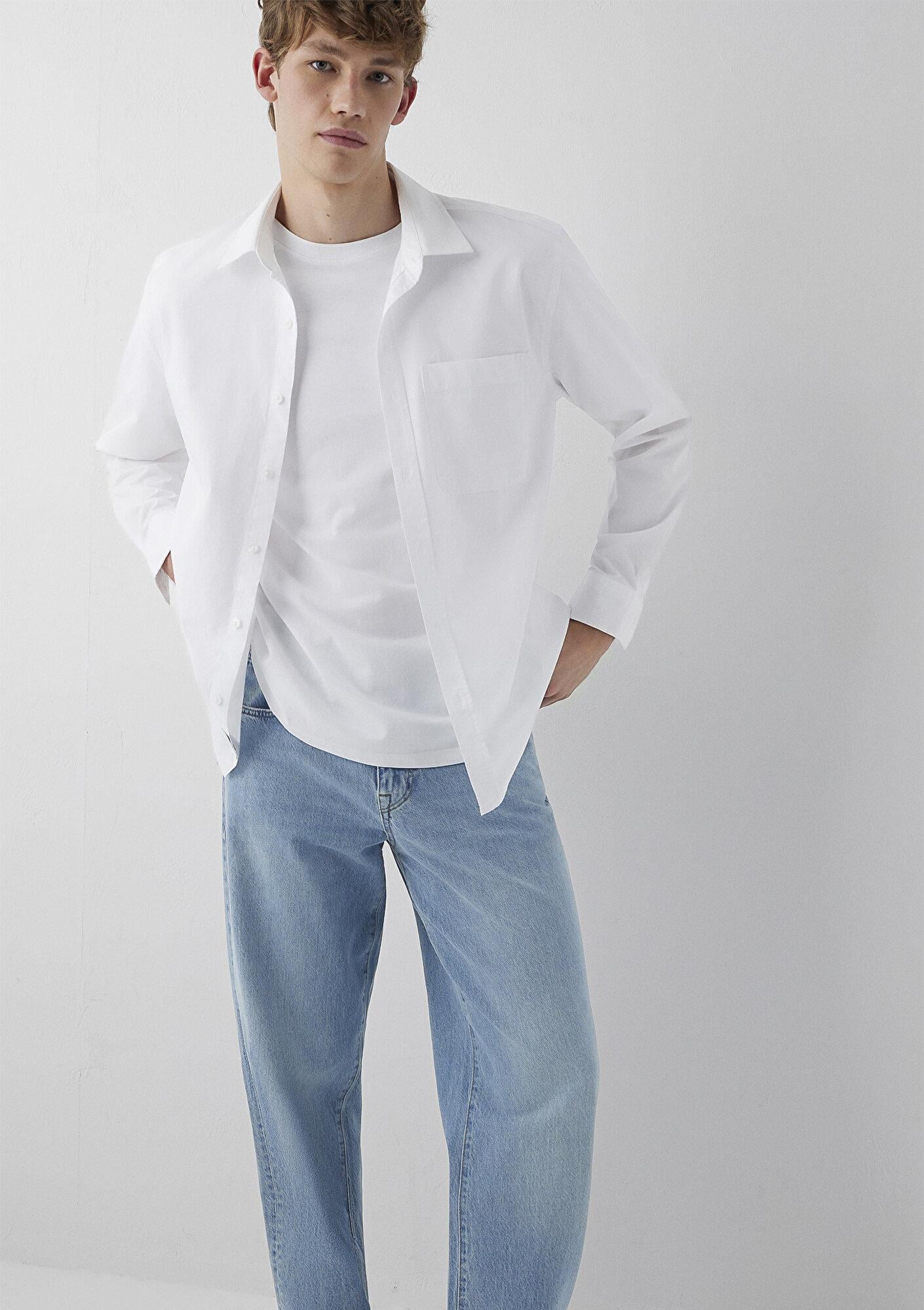 Mavi Cepli Beyaz Gömlek Loose Fit / Bol Rahat Kesim 0212126-620