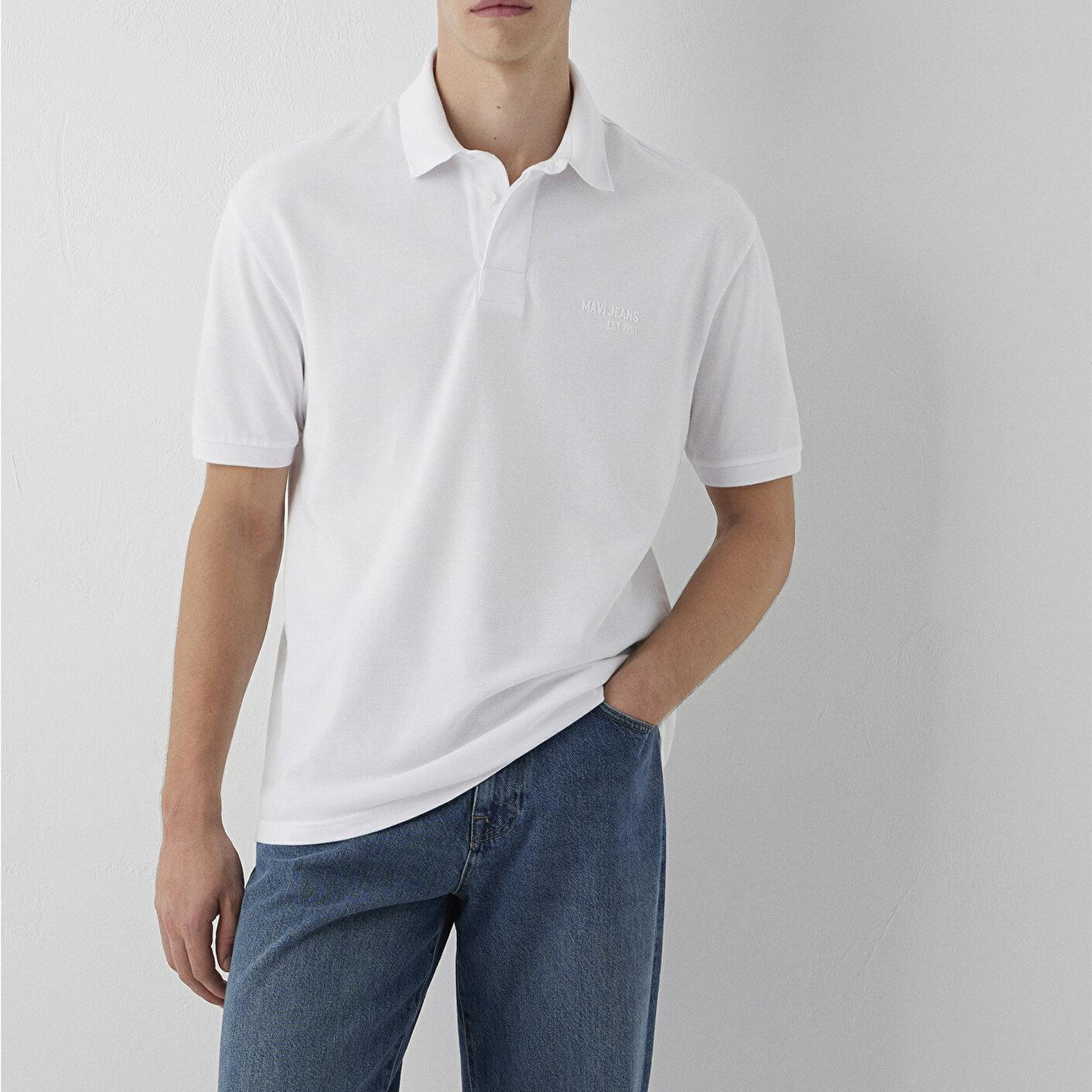 Mavi Beyaz Polo Tişört Loose Fit / Bol Rahat Kesim 0613494-620