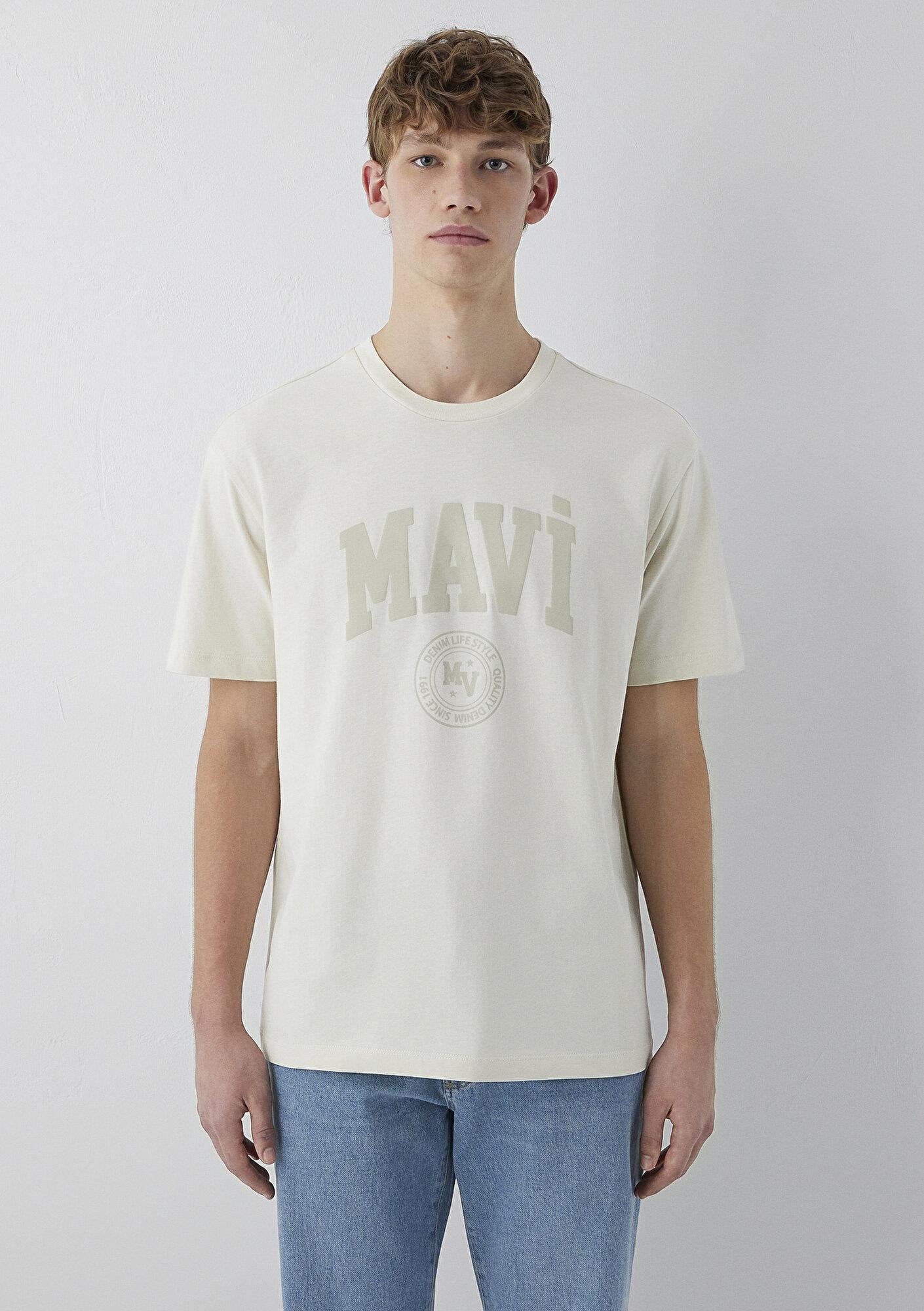 Mavi Mavi Logo Baskılı Bej Tişört Loose Fit / Bol Rahat Kesim 0612897-70134