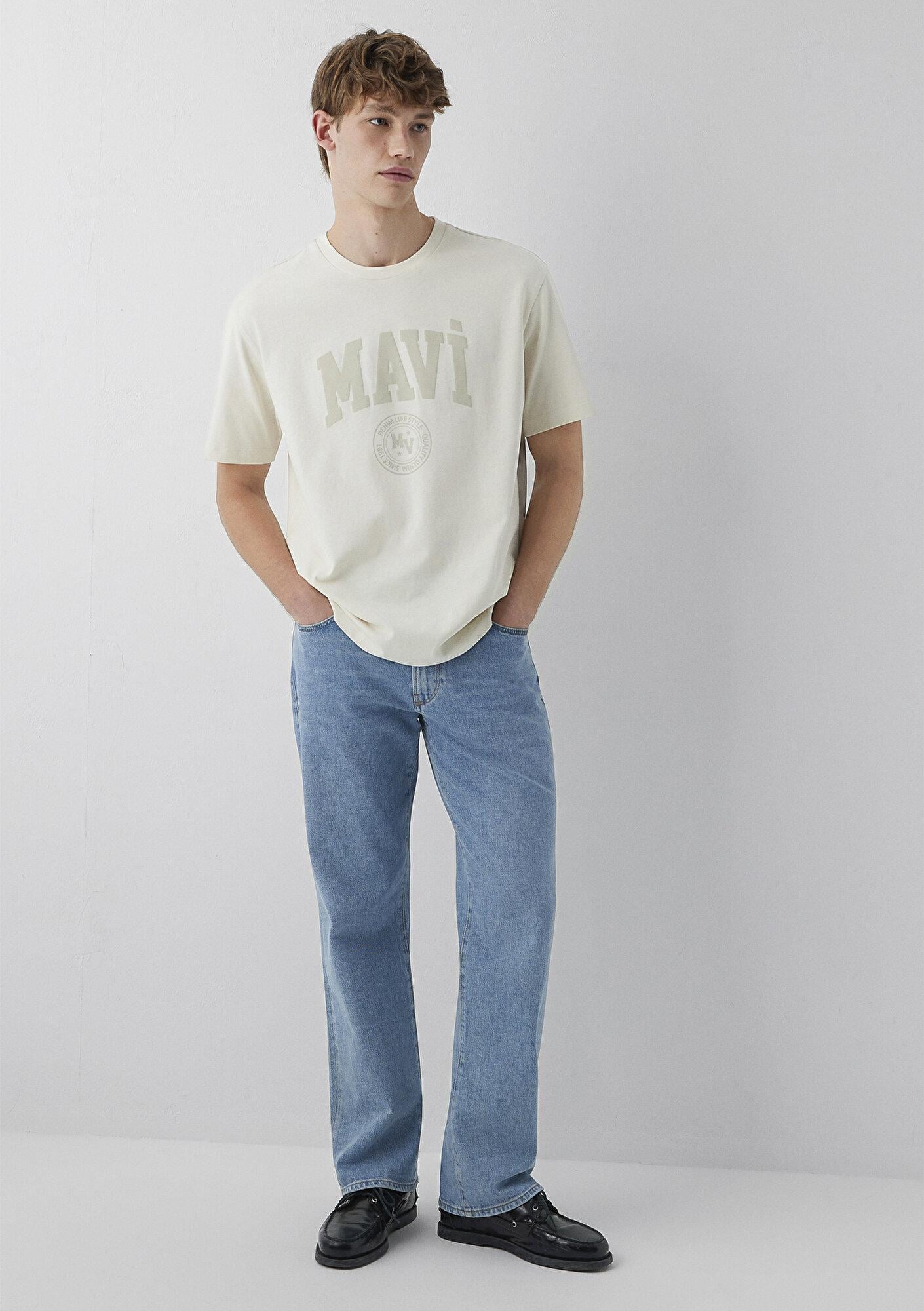 Mavi Mavi Logo Baskılı Bej Tişört Loose Fit / Bol Rahat Kesim 0612897-70134