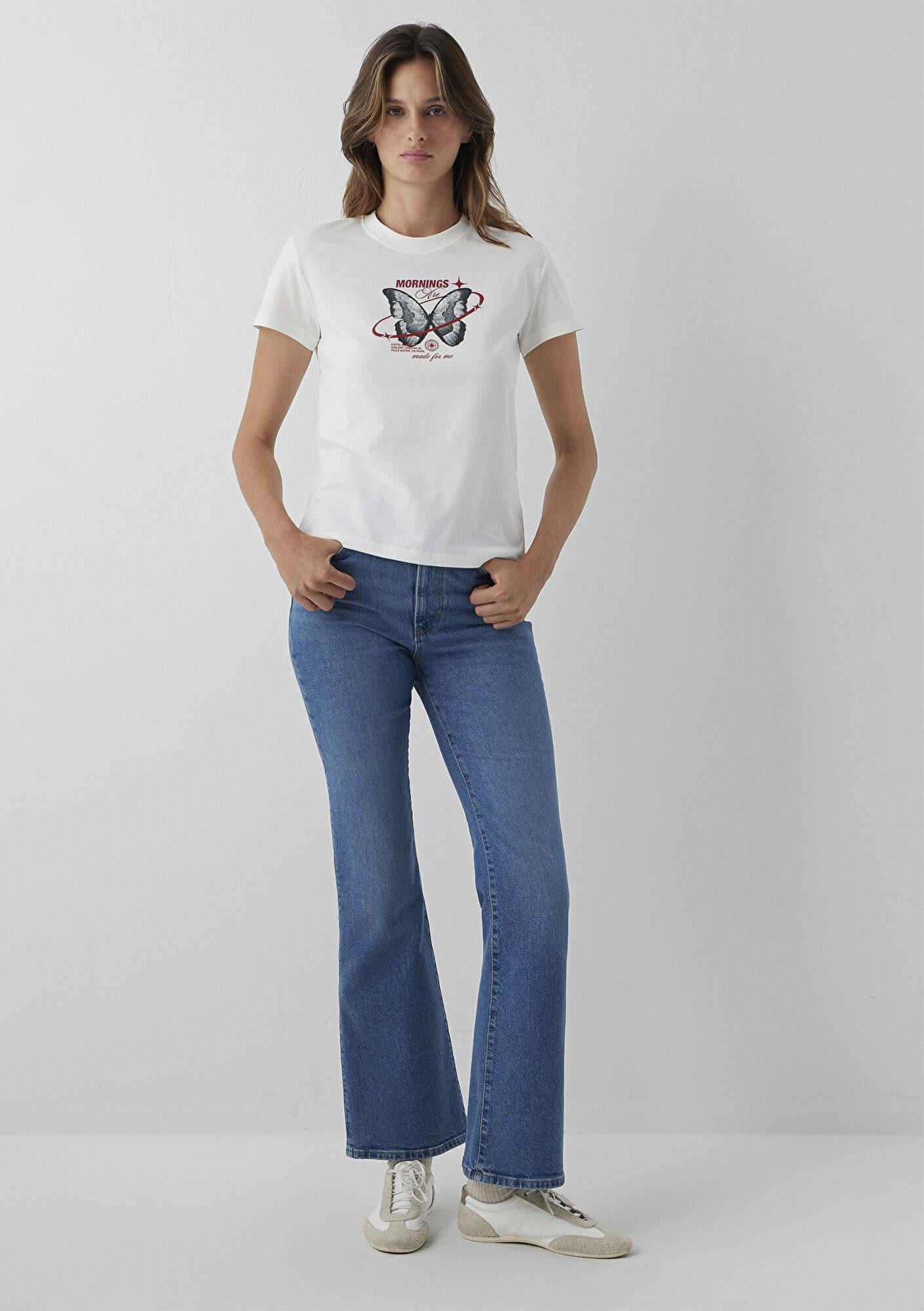 Mavi Kelebek Baskılı Ekru Tişört Semi Slim Fit / Yarı Dar Kesim 1614275-80194