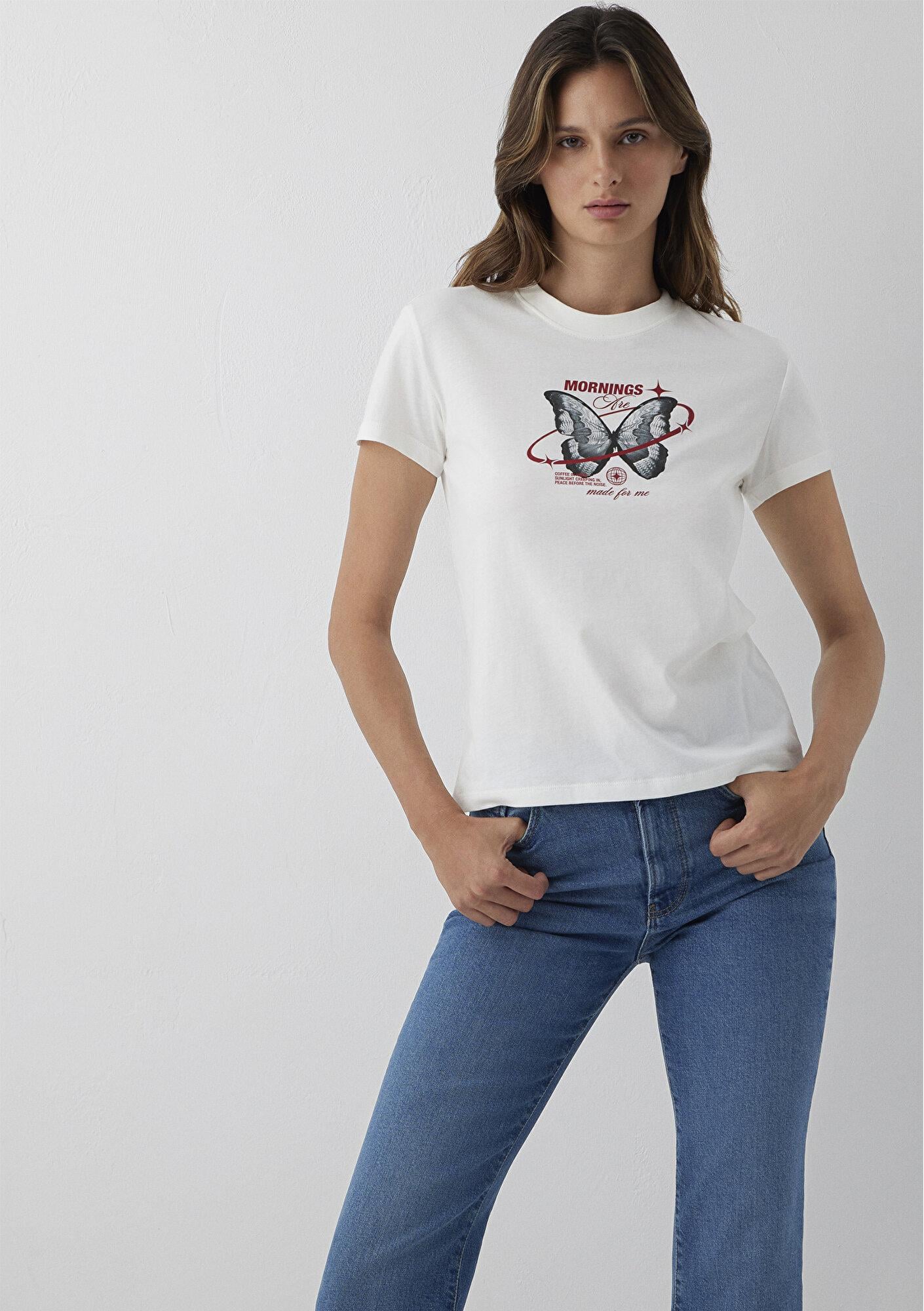 Mavi Kelebek Baskılı Ekru Tişört Semi Slim Fit / Yarı Dar Kesim 1614275-80194
