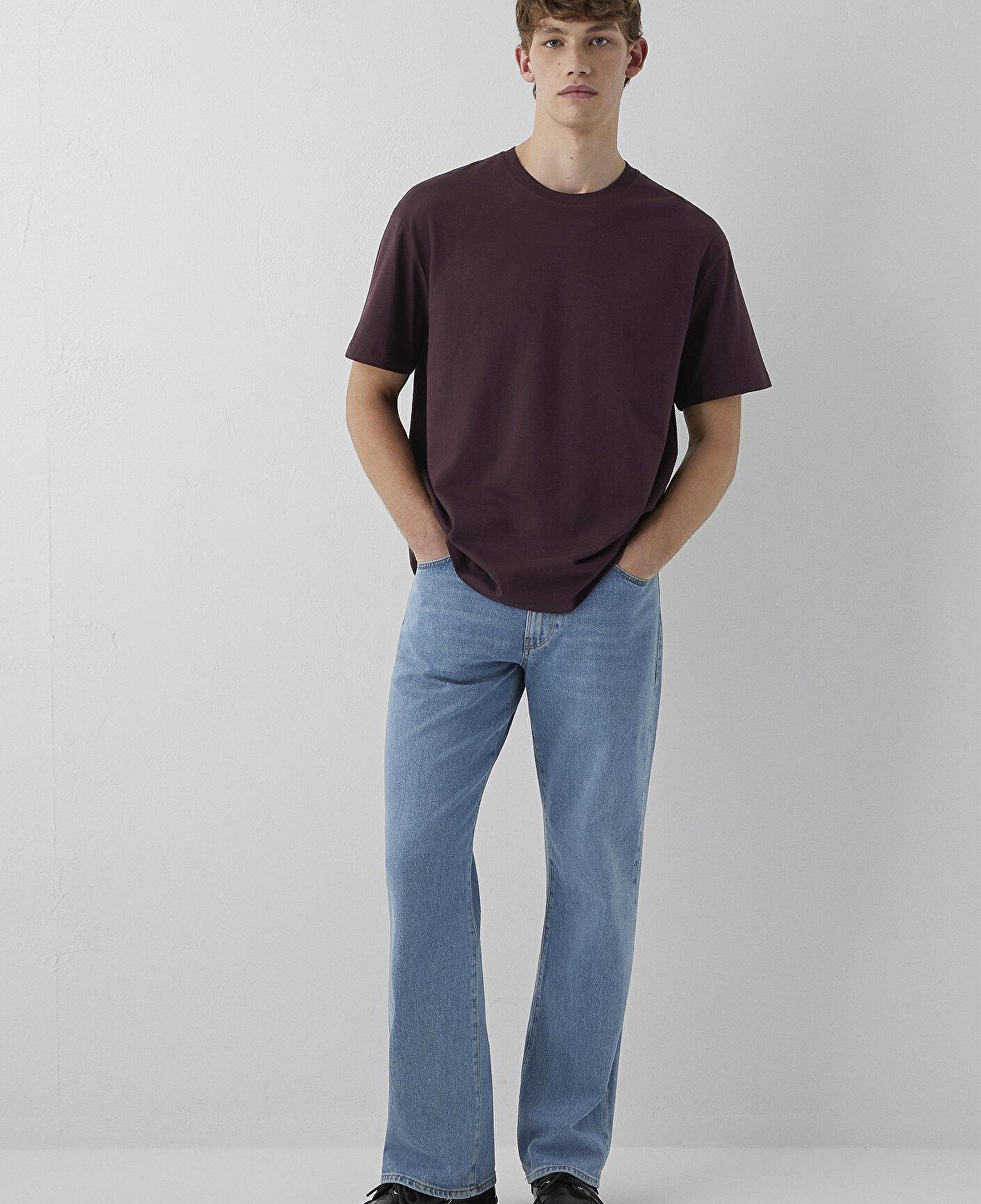 Mavi Kahverengi Basic Tişört Loose Fit / Bol Rahat Kesim 066249-70223