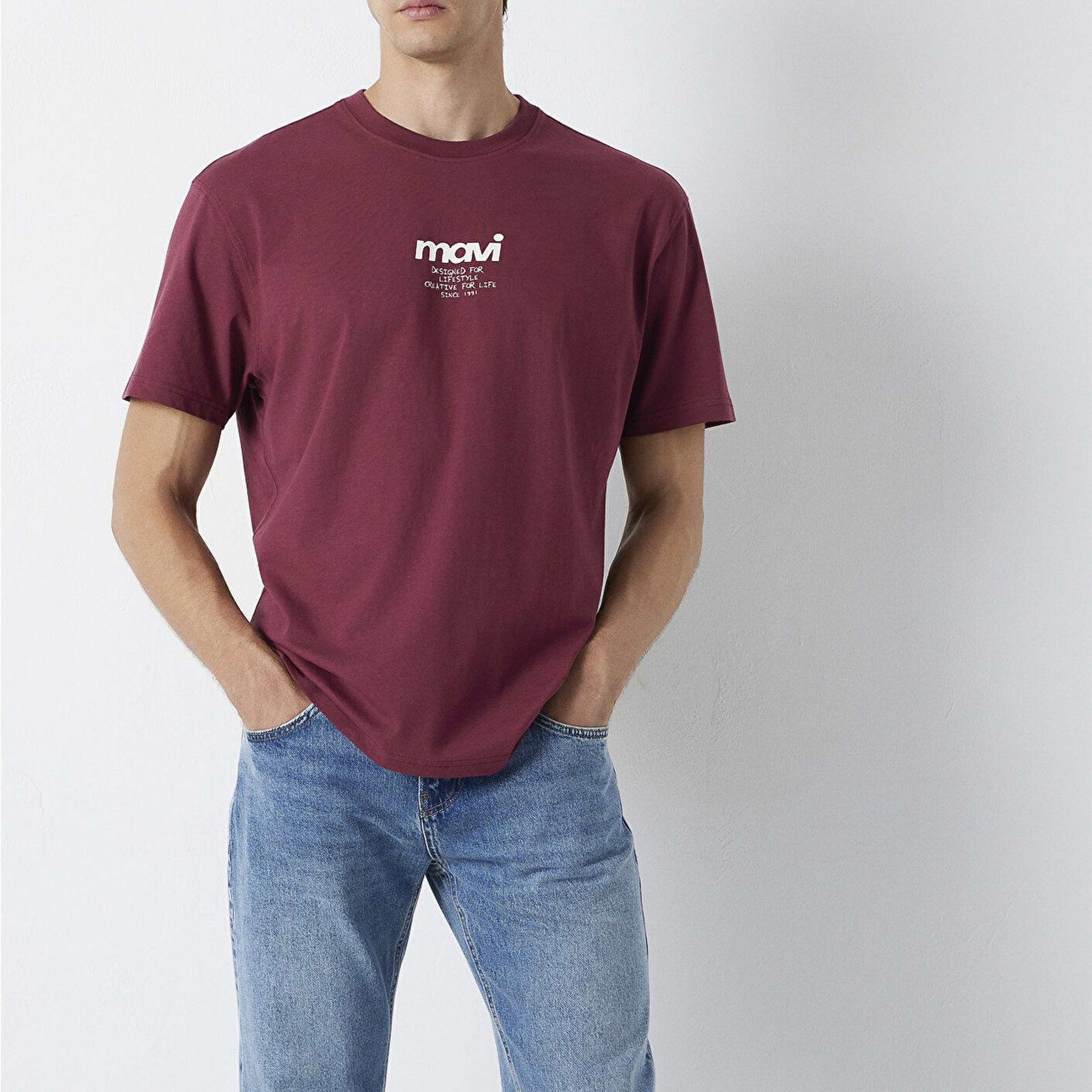 Mavi Mavi Logo Baskılı Bordo Tişört Loose Fit / Bol Rahat Kesim 0613673-30214