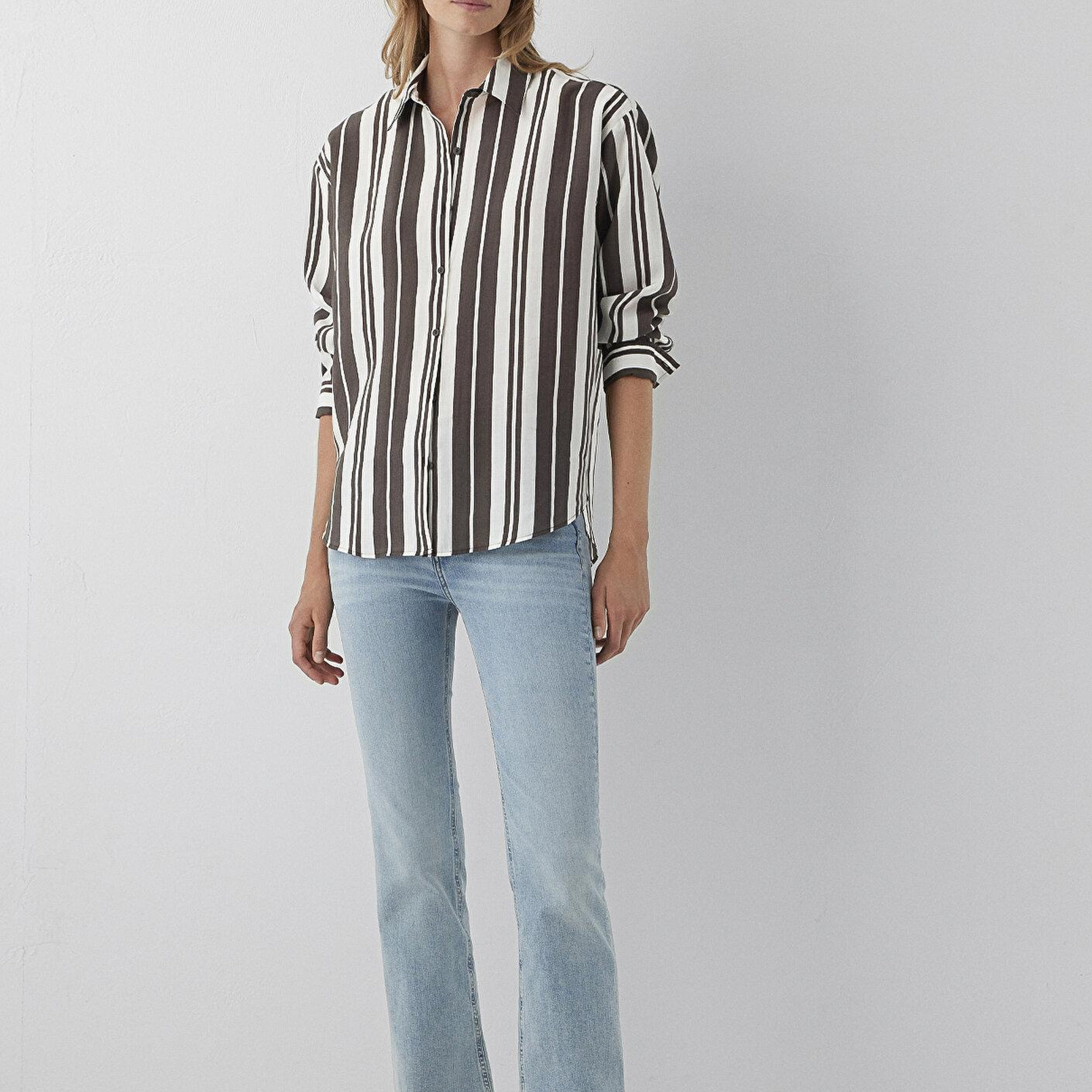 Mavi Çizgili Kahverengi Gömlek Loose Fit / Bol Rahat Kesim 1220395-A6726