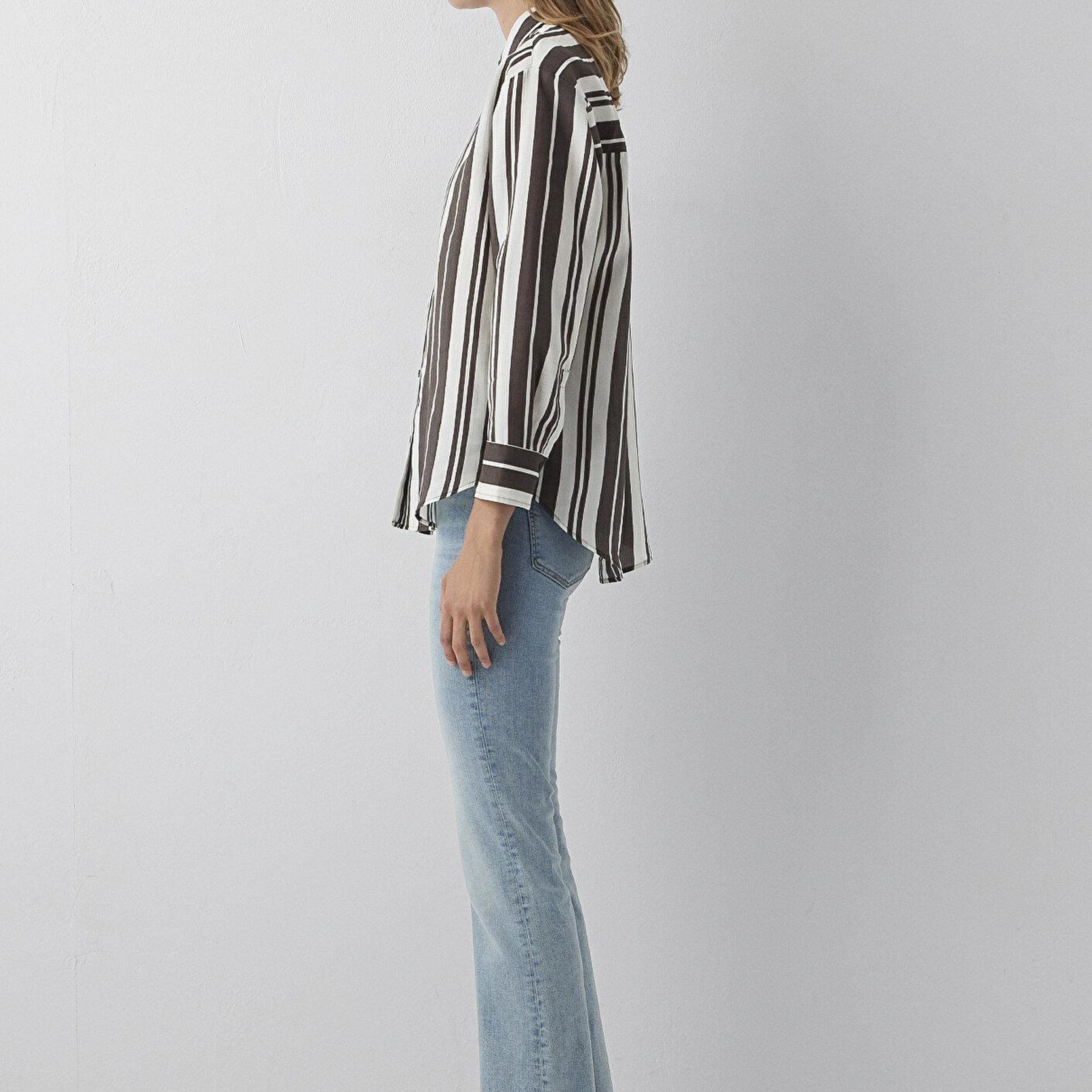 Mavi Çizgili Kahverengi Gömlek Loose Fit / Bol Rahat Kesim 1220395-A6726