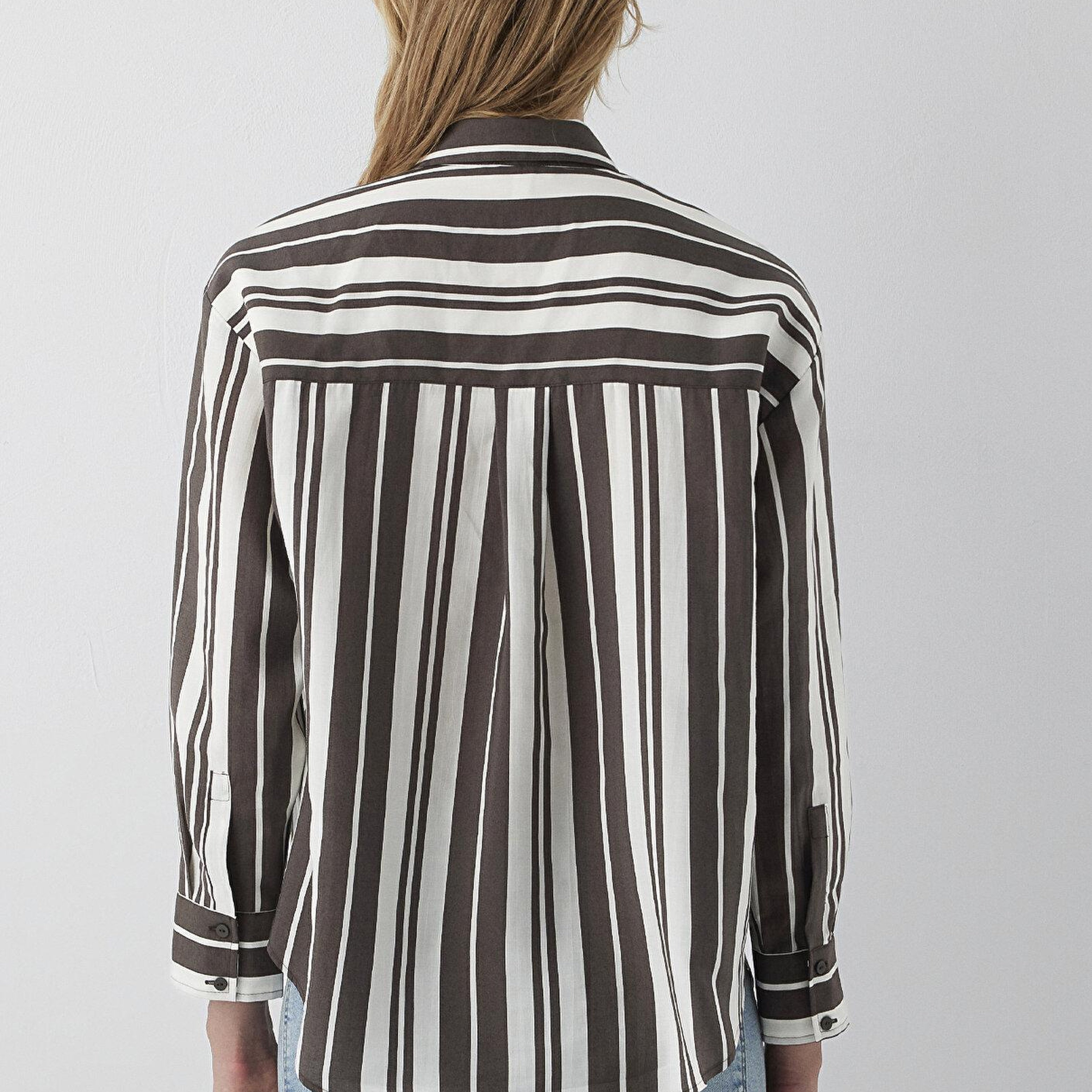 Mavi Çizgili Kahverengi Gömlek Loose Fit / Bol Rahat Kesim 1220395-A6726