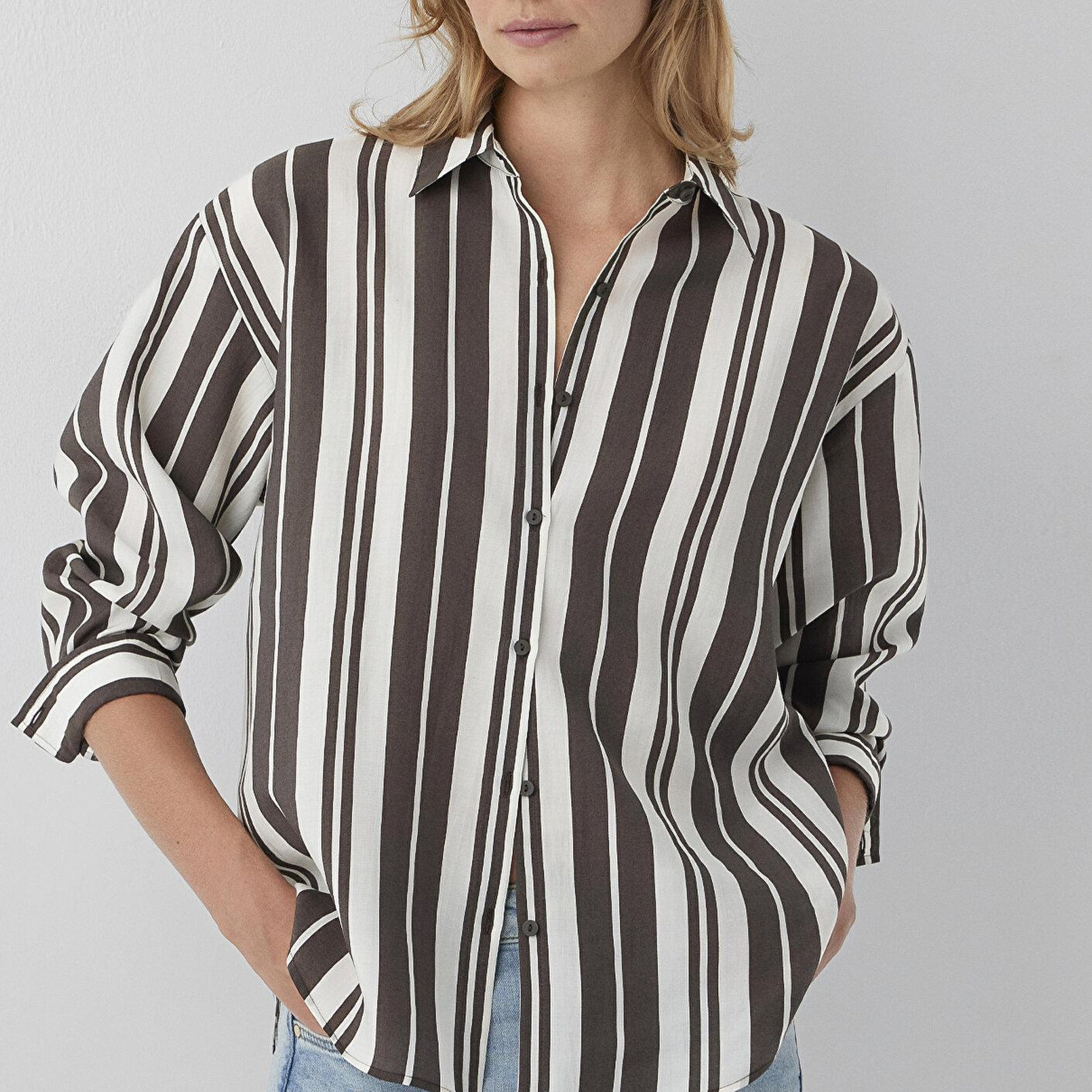 Mavi Çizgili Kahverengi Gömlek Loose Fit / Bol Rahat Kesim 1220395-A6726