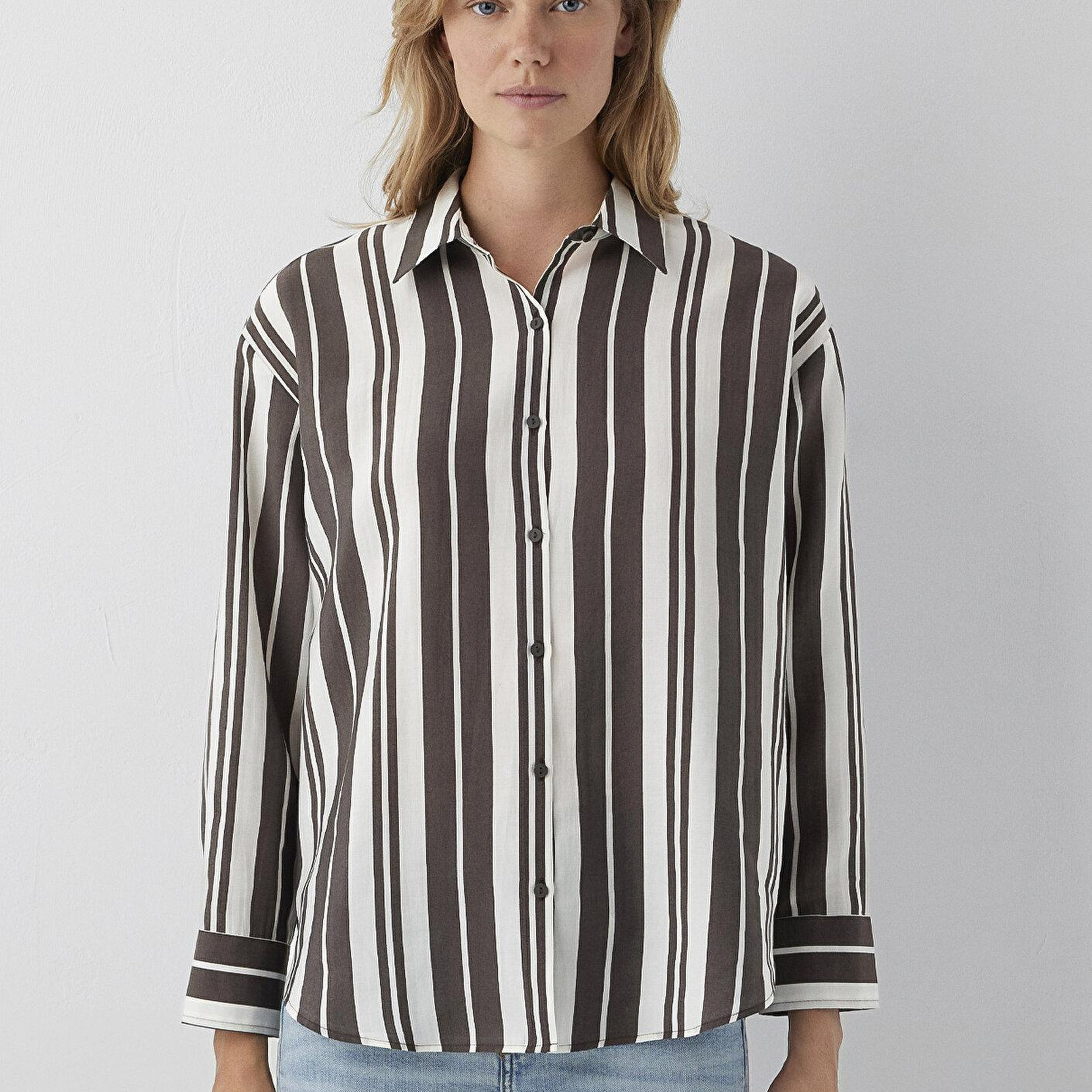 Mavi Çizgili Kahverengi Gömlek Loose Fit / Bol Rahat Kesim 1220395-A6726