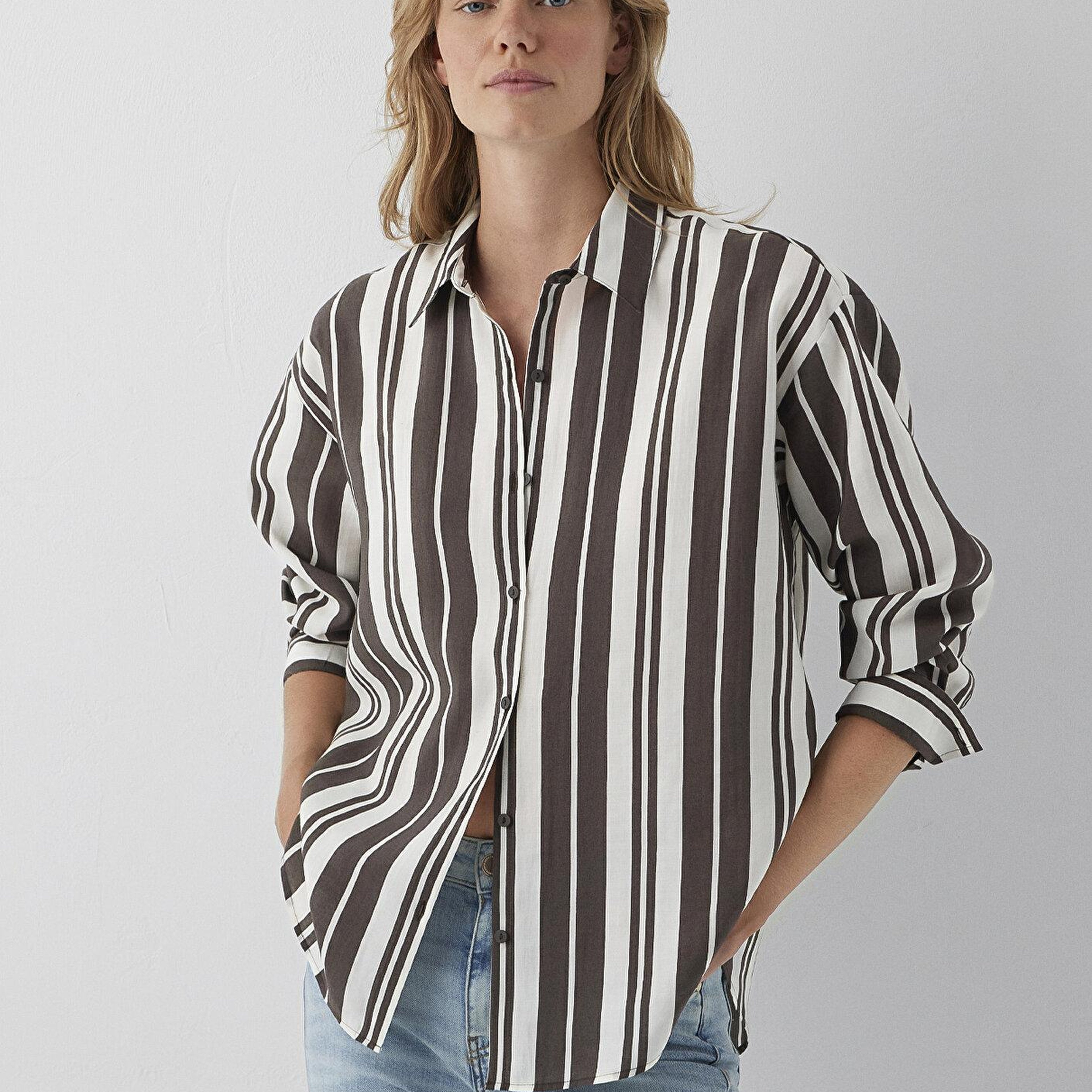 Mavi Çizgili Kahverengi Gömlek Loose Fit / Bol Rahat Kesim 1220395-A6726