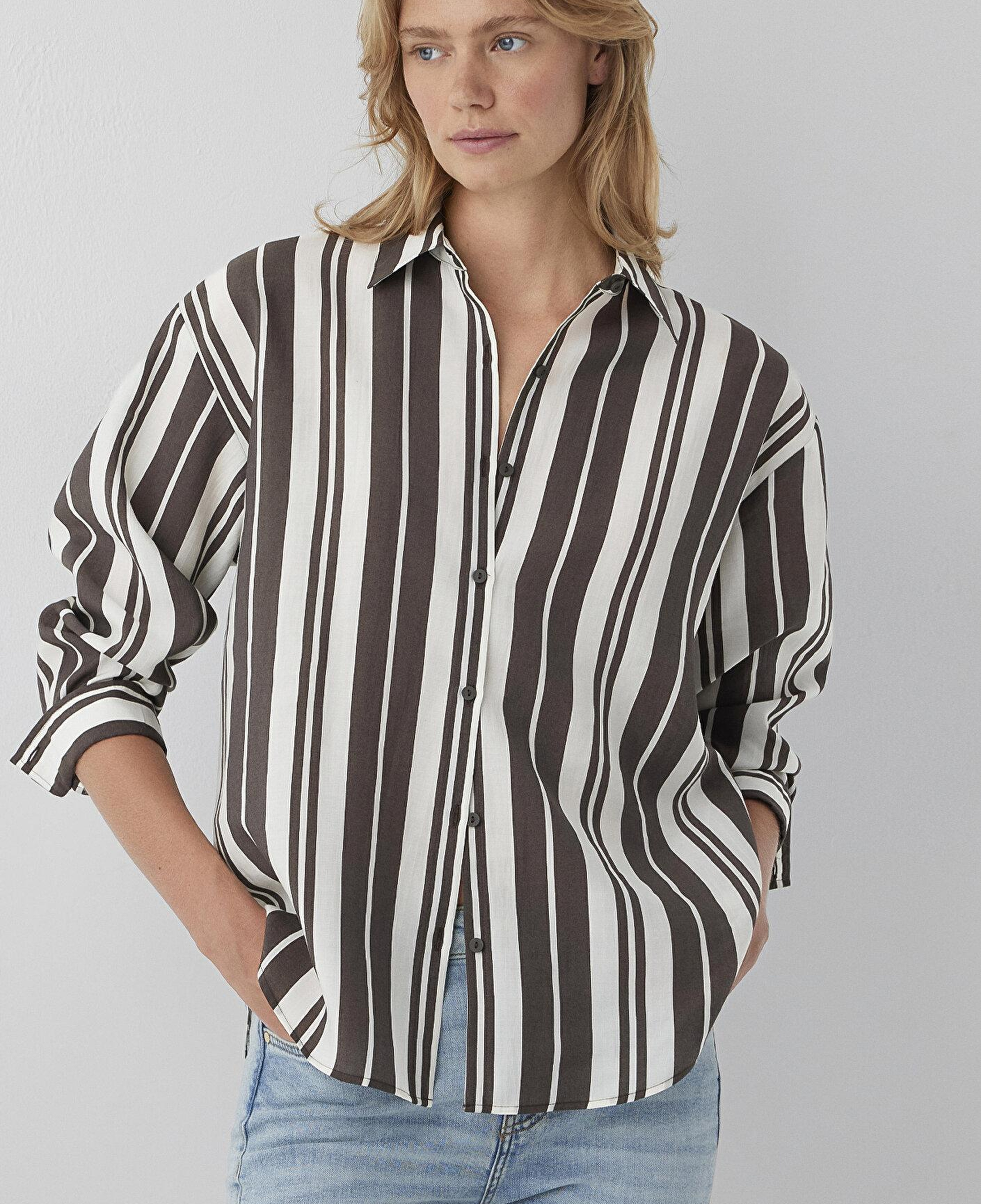 Mavi Çizgili Kahverengi Gömlek Loose Fit / Bol Rahat Kesim 1220395-A6726