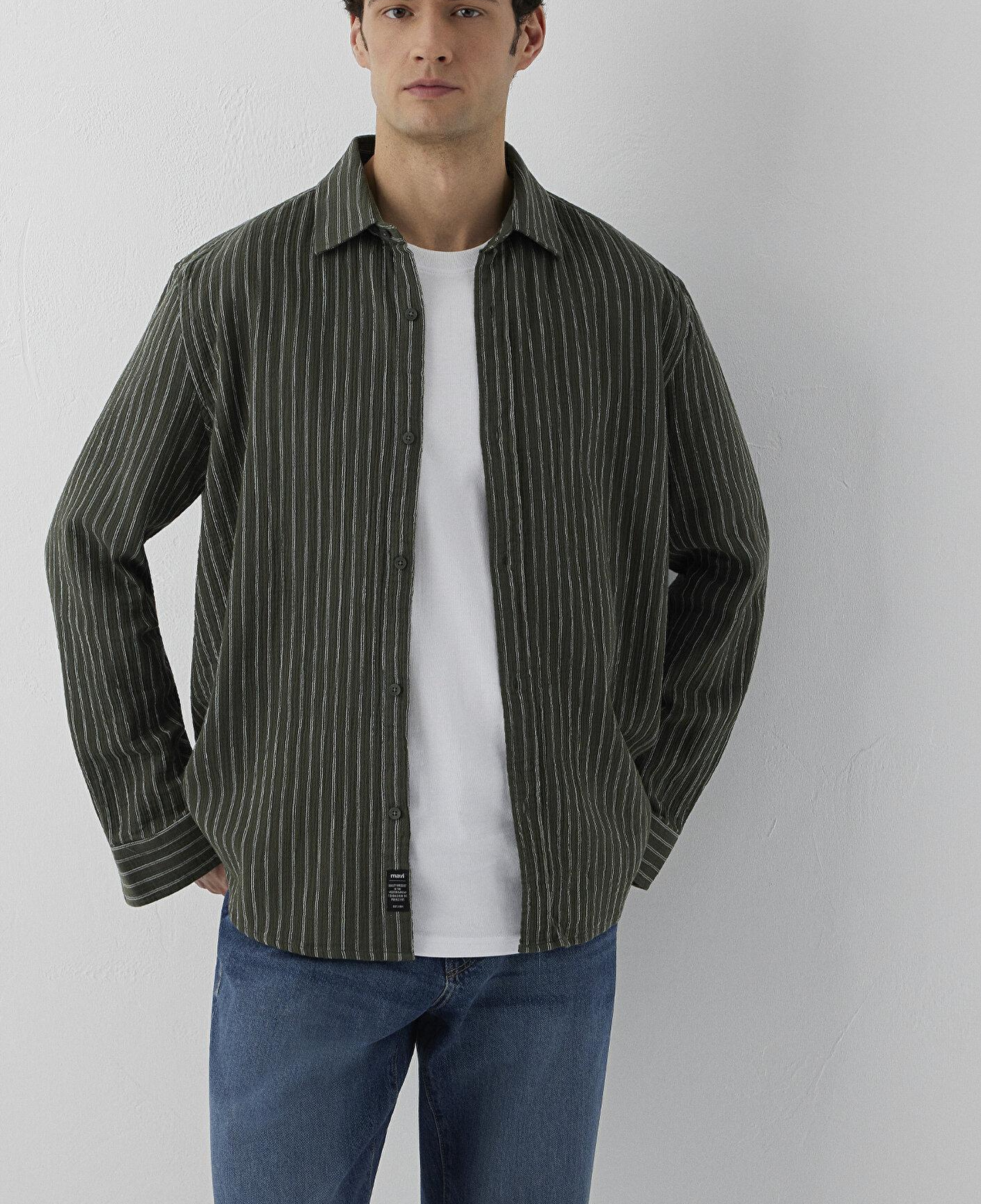 Mavi Çizgili Yeşil Gömlek Loose Fit / Bol Rahat Kesim 0211969-A7375