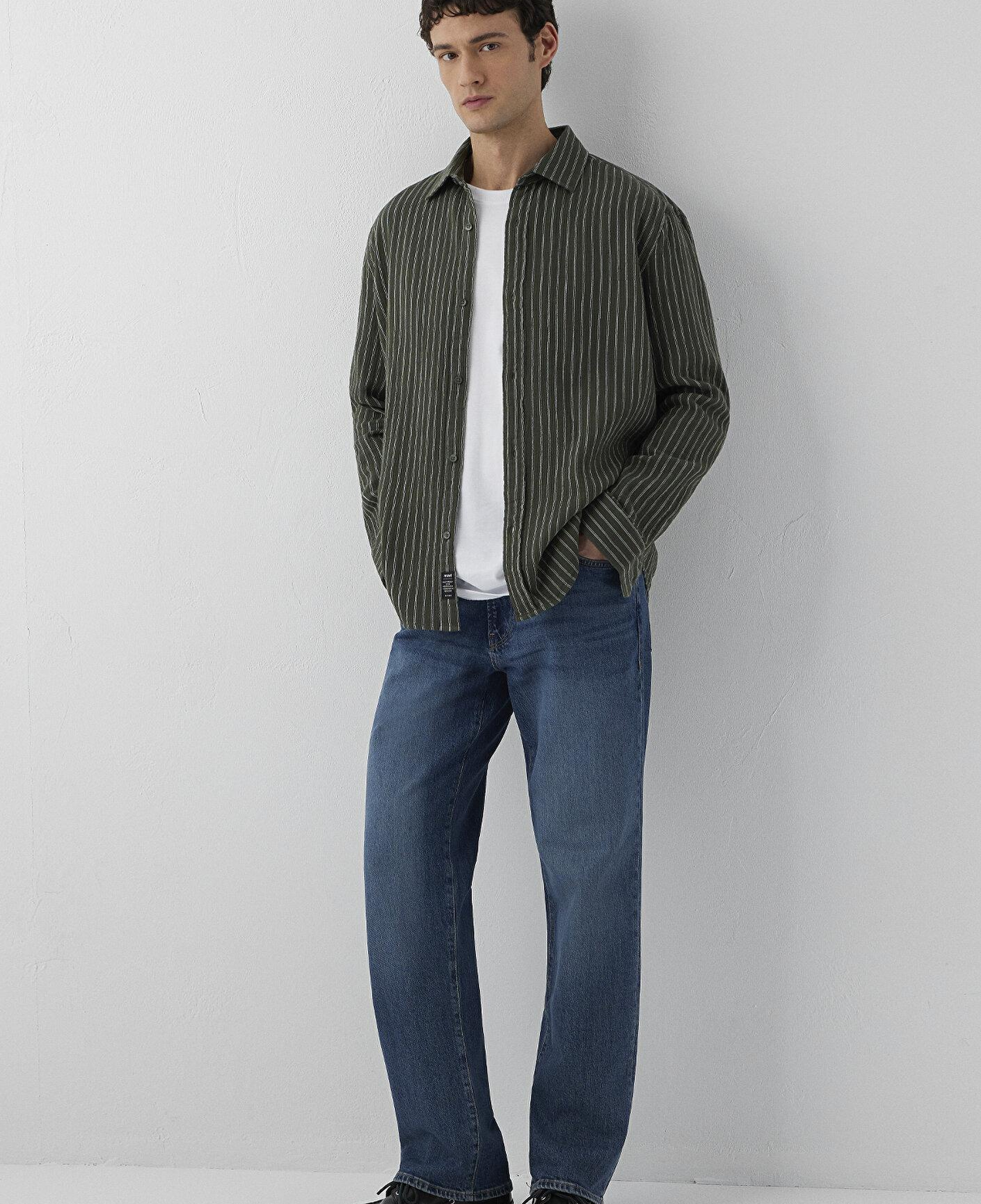 Mavi Çizgili Yeşil Gömlek Loose Fit / Bol Rahat Kesim 0211969-A7375