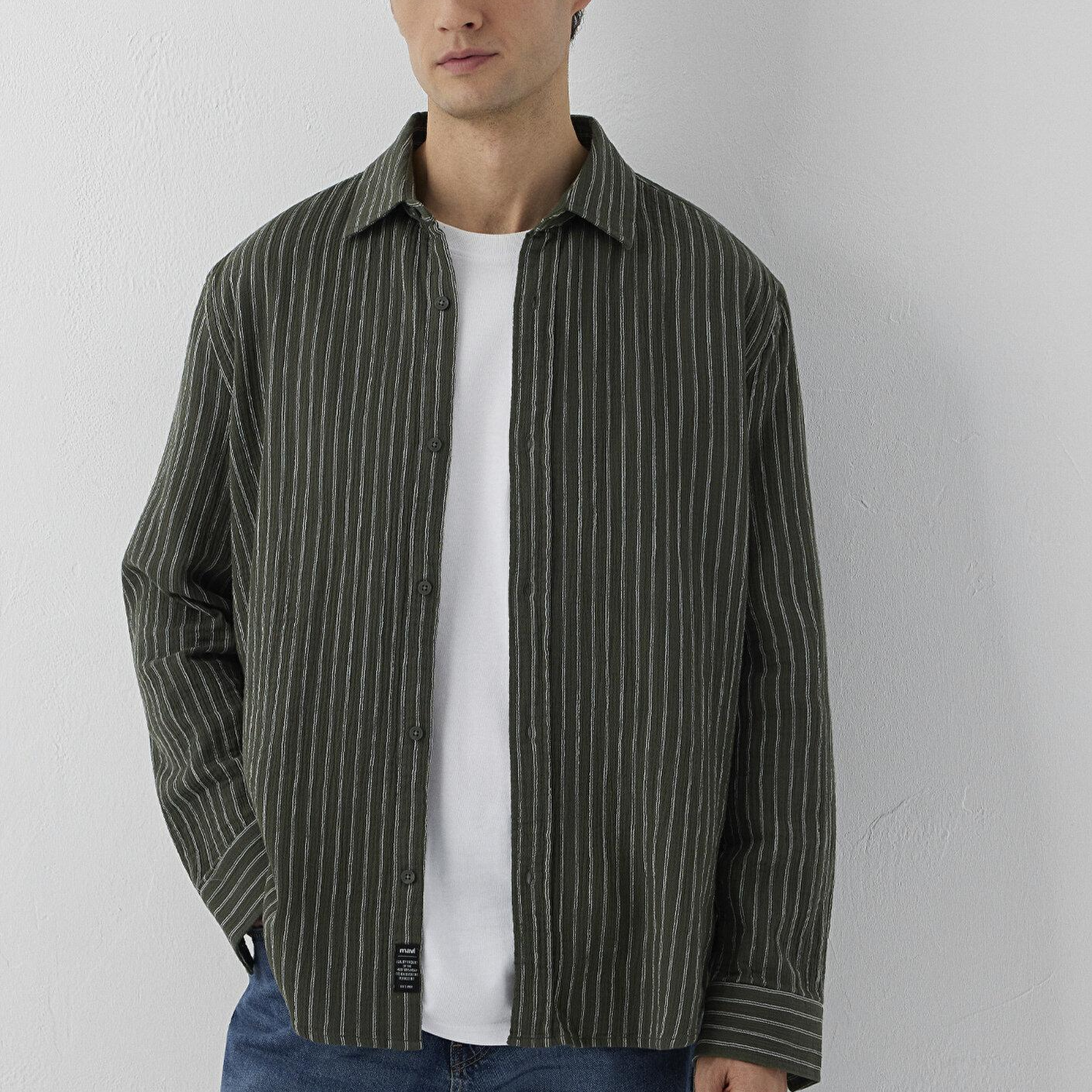 Mavi Çizgili Yeşil Gömlek Loose Fit / Bol Rahat Kesim 0211969-A7375