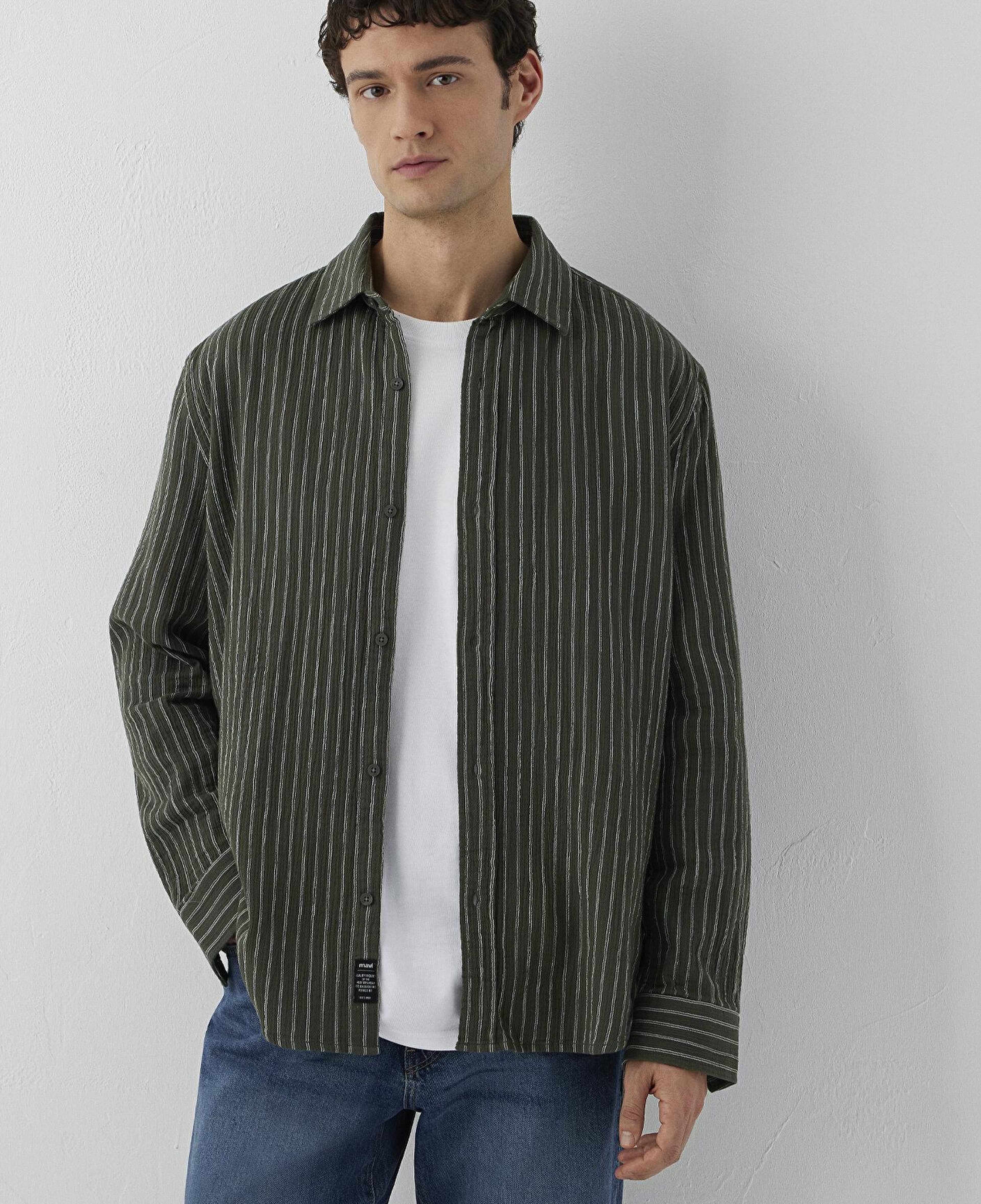 Mavi Çizgili Yeşil Gömlek Loose Fit / Bol Rahat Kesim 0211969-A7375