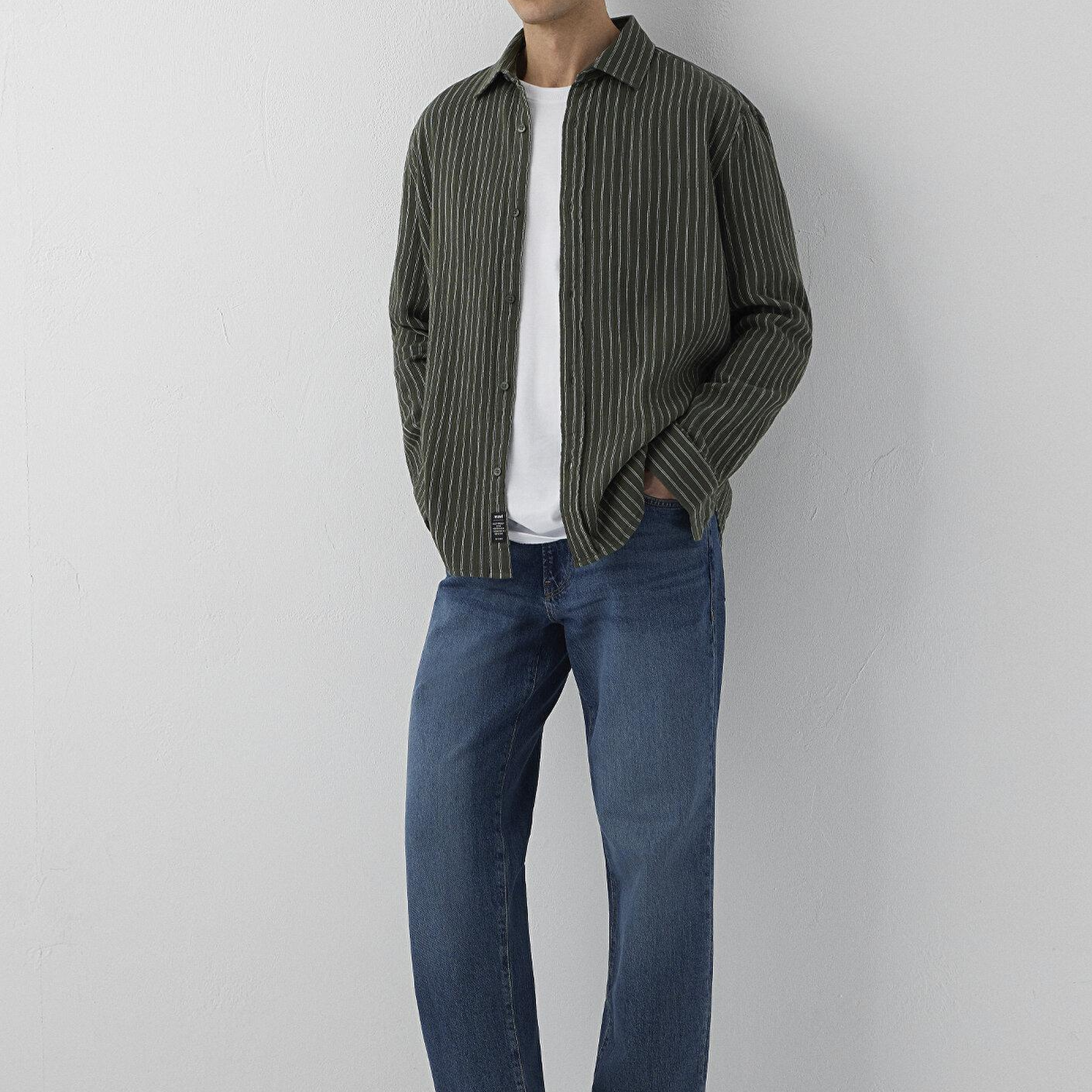 Mavi Çizgili Yeşil Gömlek Loose Fit / Bol Rahat Kesim 0211969-A7375