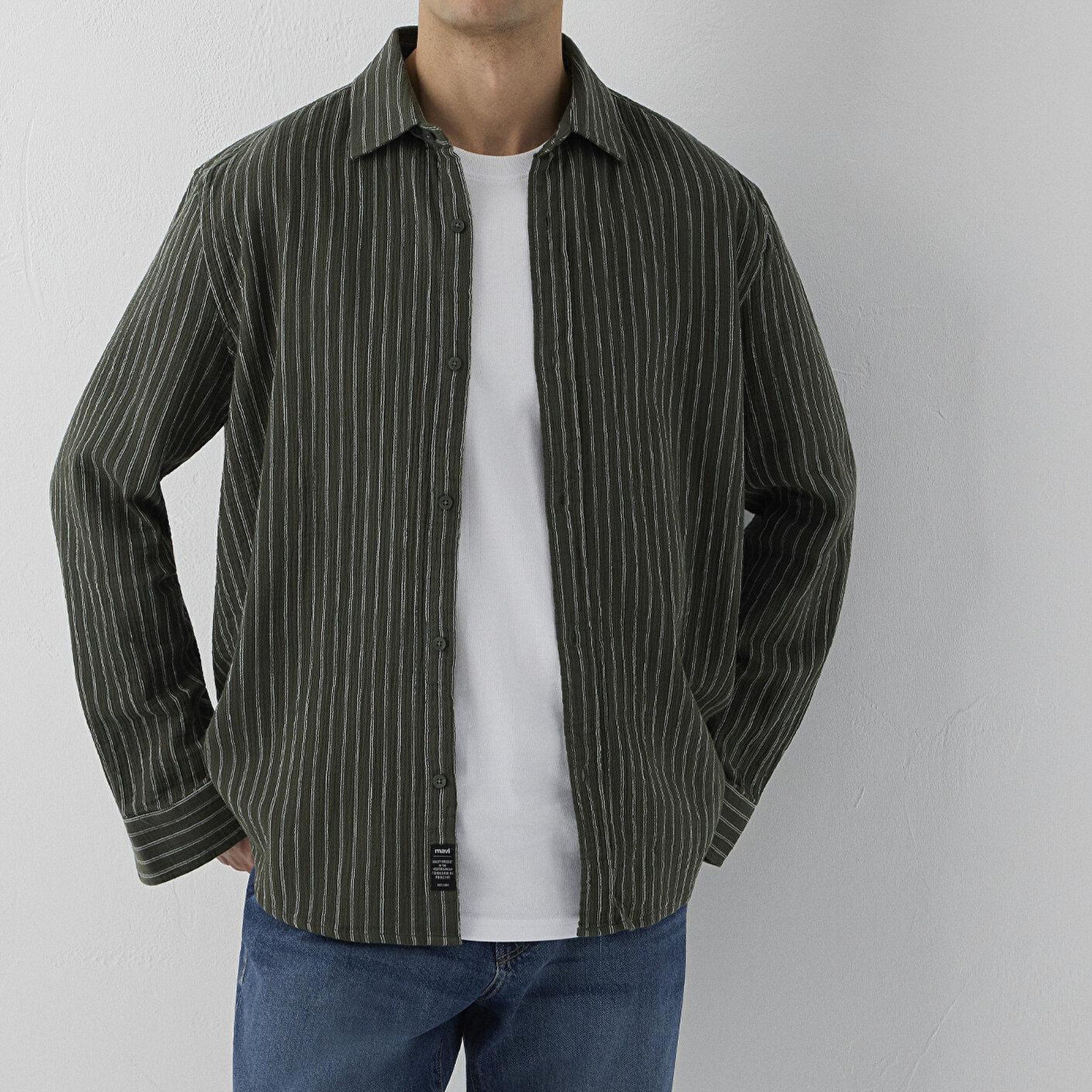 Mavi Çizgili Yeşil Gömlek Loose Fit / Bol Rahat Kesim 0211969-A7375