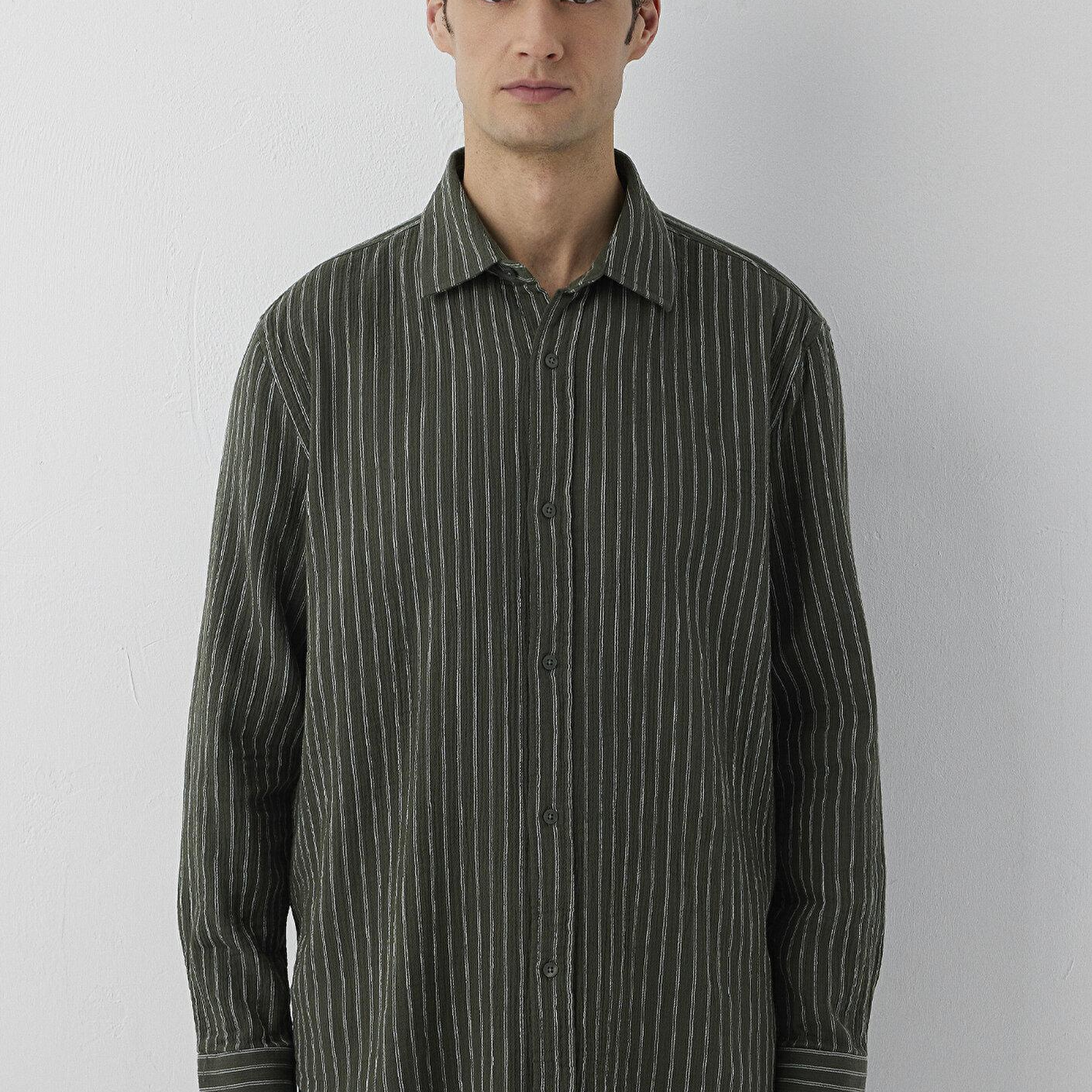 Mavi Çizgili Yeşil Gömlek Loose Fit / Bol Rahat Kesim 0211969-A7375