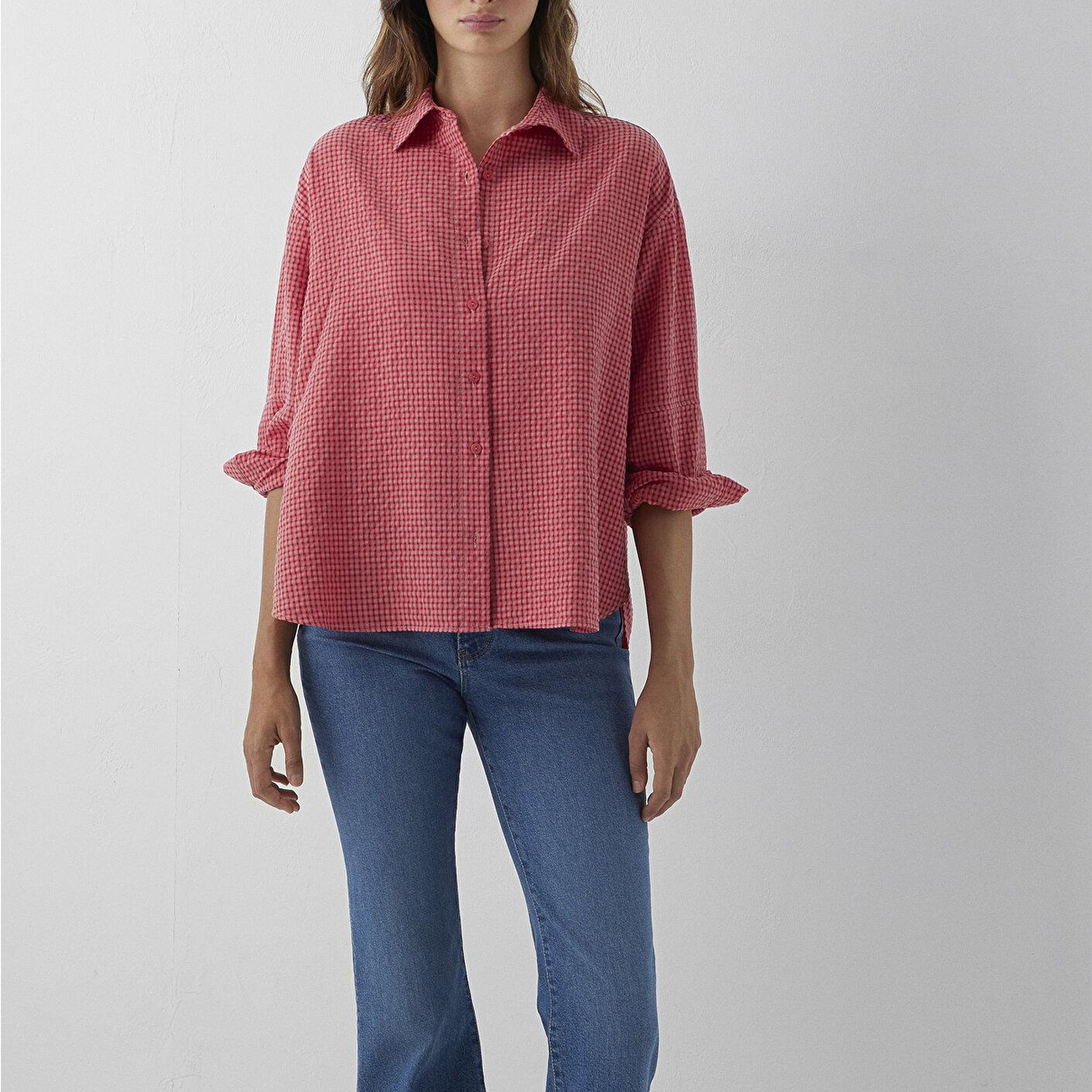Mavi Kareli Kırmızı Gömlek Oversize / Geniş Kesim 1220468-83957